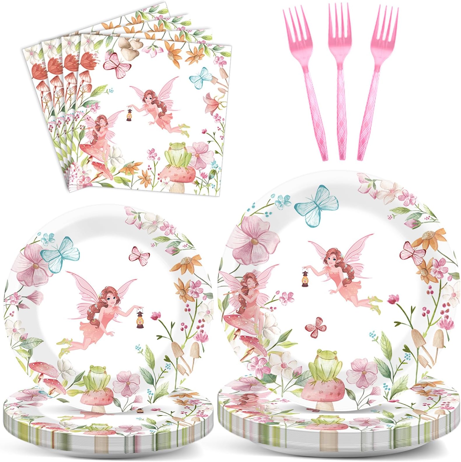 96 Pcs Fairy Party Decorations Girls Pink Floral Fairies Tableware Set Flower Butterfly Plates Napkins Enchanted Forest Garden Dinnerware Birthday Supplies for Baby Shower Tea Party Favor 24 Guests