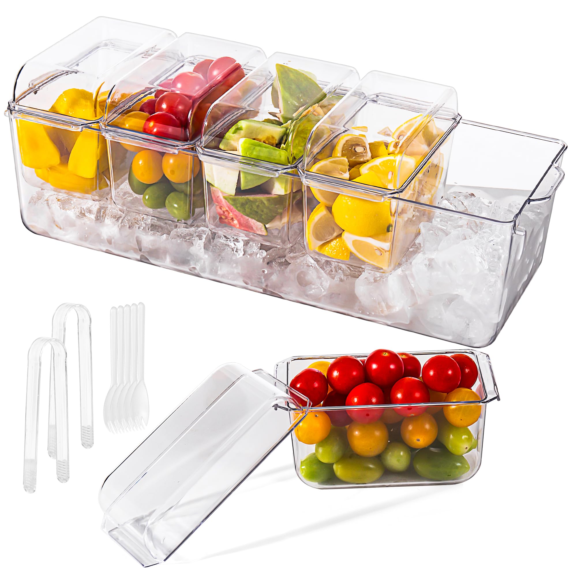 Vencier Ice-Chilled Condiment Server With 5 Removable Containers – Buffet Serving Tray With Lids, 2 Tongs & 4 Spoons – Cold Food Platter For Salad Bar, Fruits, Pizza Toppings & Party Snacks