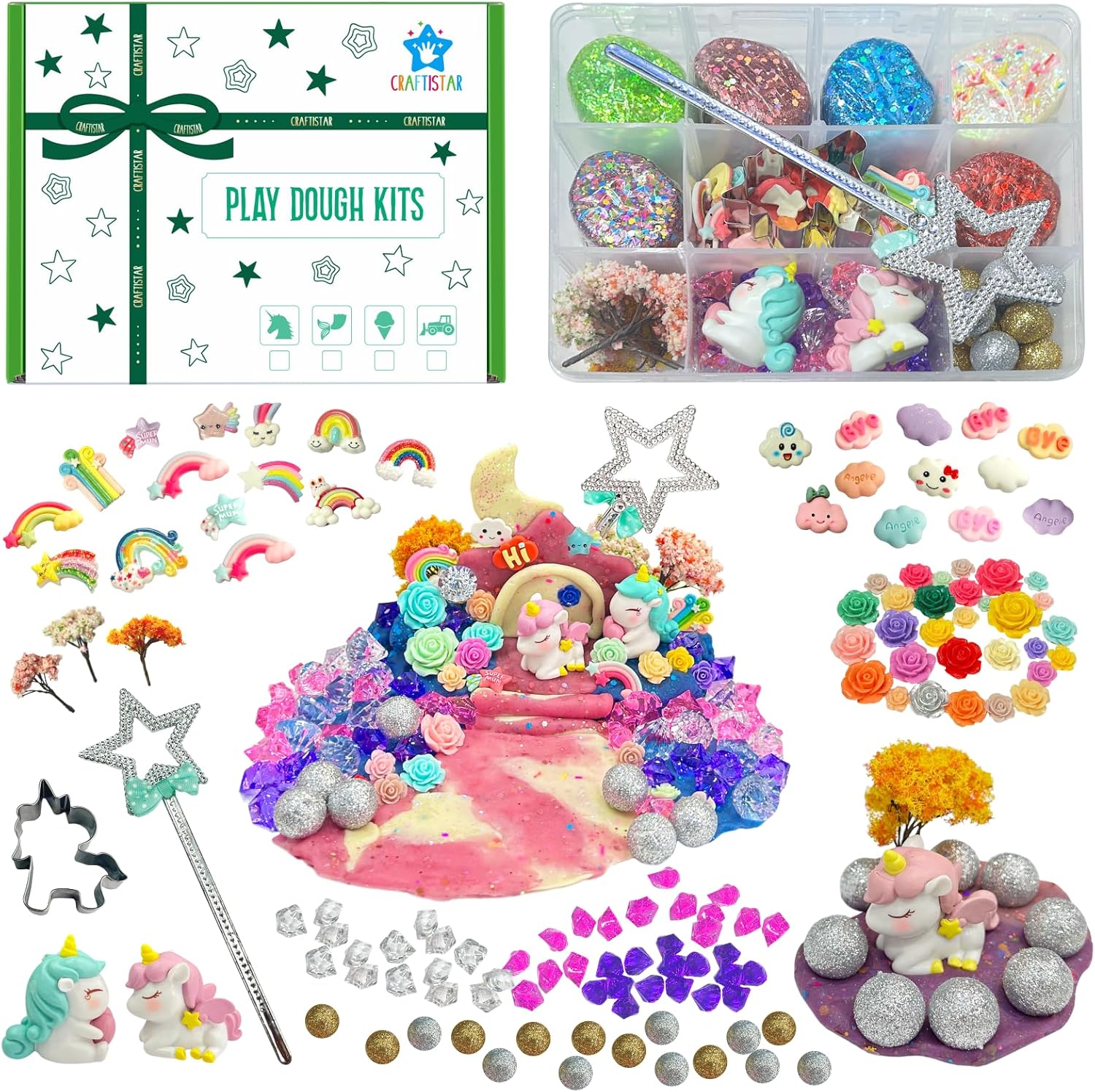 Unicorn Sensory Dough Kit -18oz 6PCS Glitter Doughs with 120pcs+ Accessories, Colorful Sensory Dough for Girl, Non Toxic Color Clay for Toddlers with Unicorn Toys, Cutter Unicorn Sensory Dough Kit -18oz 6PCS Glitter Doughs with 120pcs+ Accessories, Colorful Sensory Dough for Girl, Non Toxic Color Clay for Toddlers with Unicorn Toys, Cutter