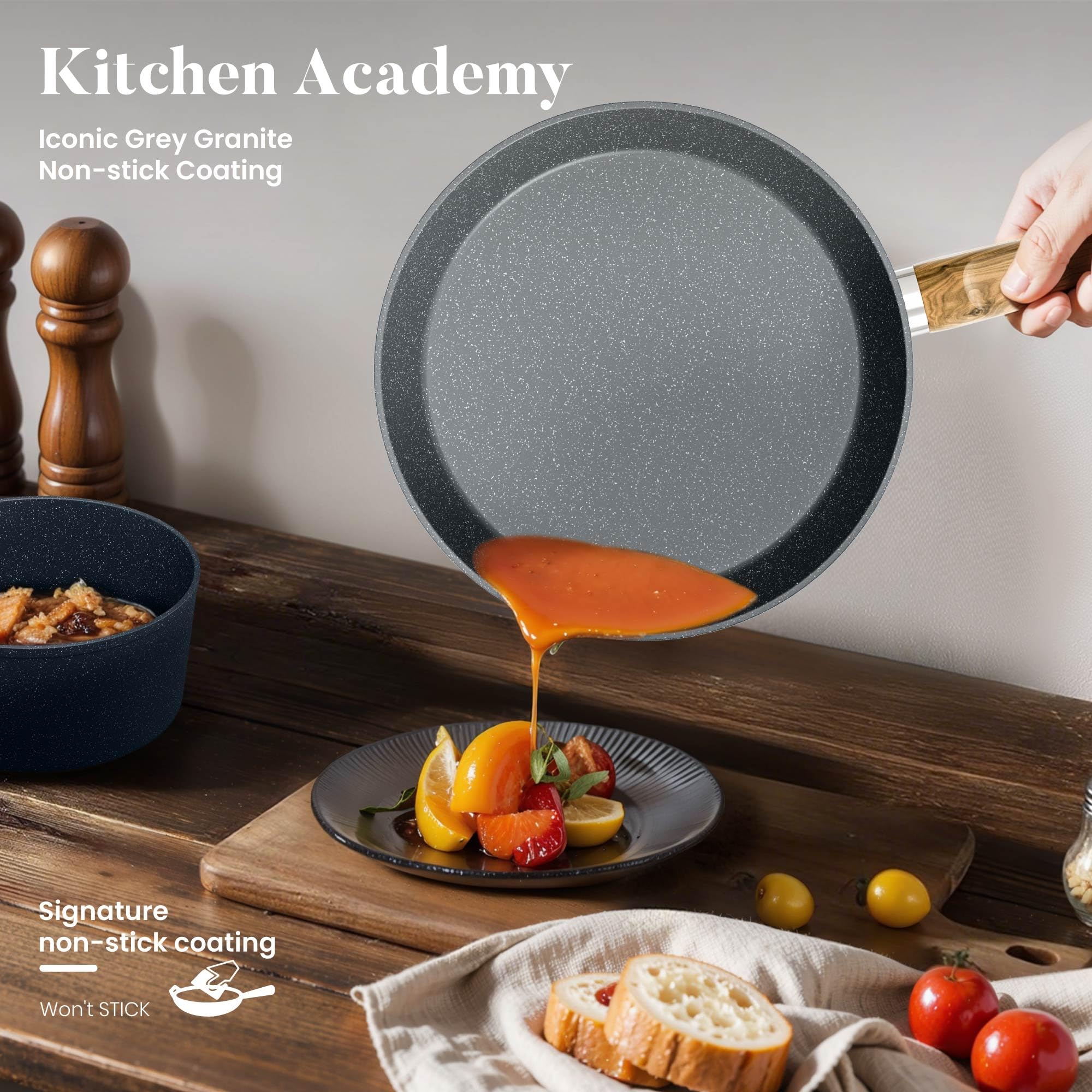 Kitchen Academy Juego de sartenes compatibles con inducción con sartenes y ollas antiadherentes, juego de utensilios de cocina antiadherentes de granito gris, 10 piezas, libre de PFOA y PFAS