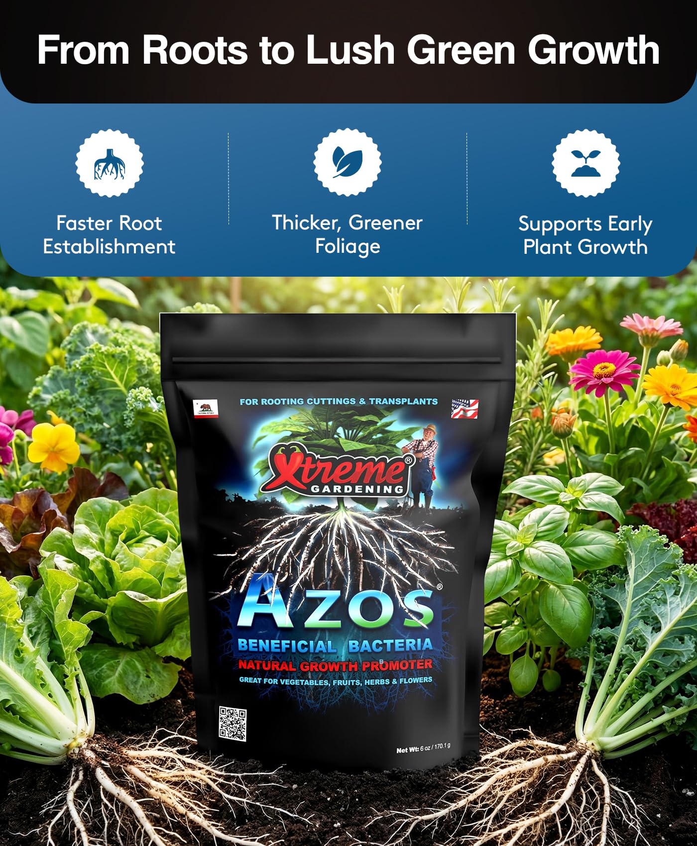 Xtreme Gardening Azos Bacterias beneficiosas, promotor de Crecimiento Natural, Bolsa de 6 onzas