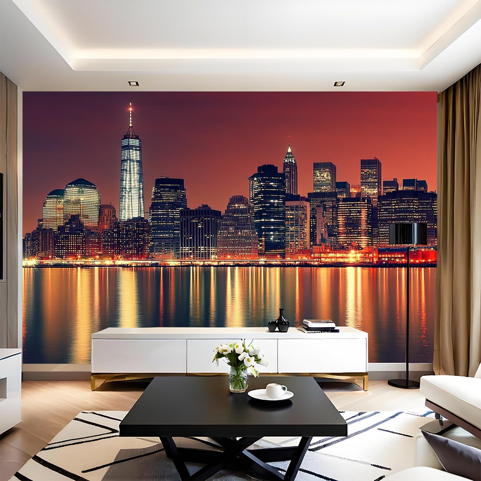 Carta da Parati 3D Moderna Paesaggio urbano di New York Fotomurale vista notturna 300 x 210 cm Decorazione da Muro Poster Gigante Design per Pareti