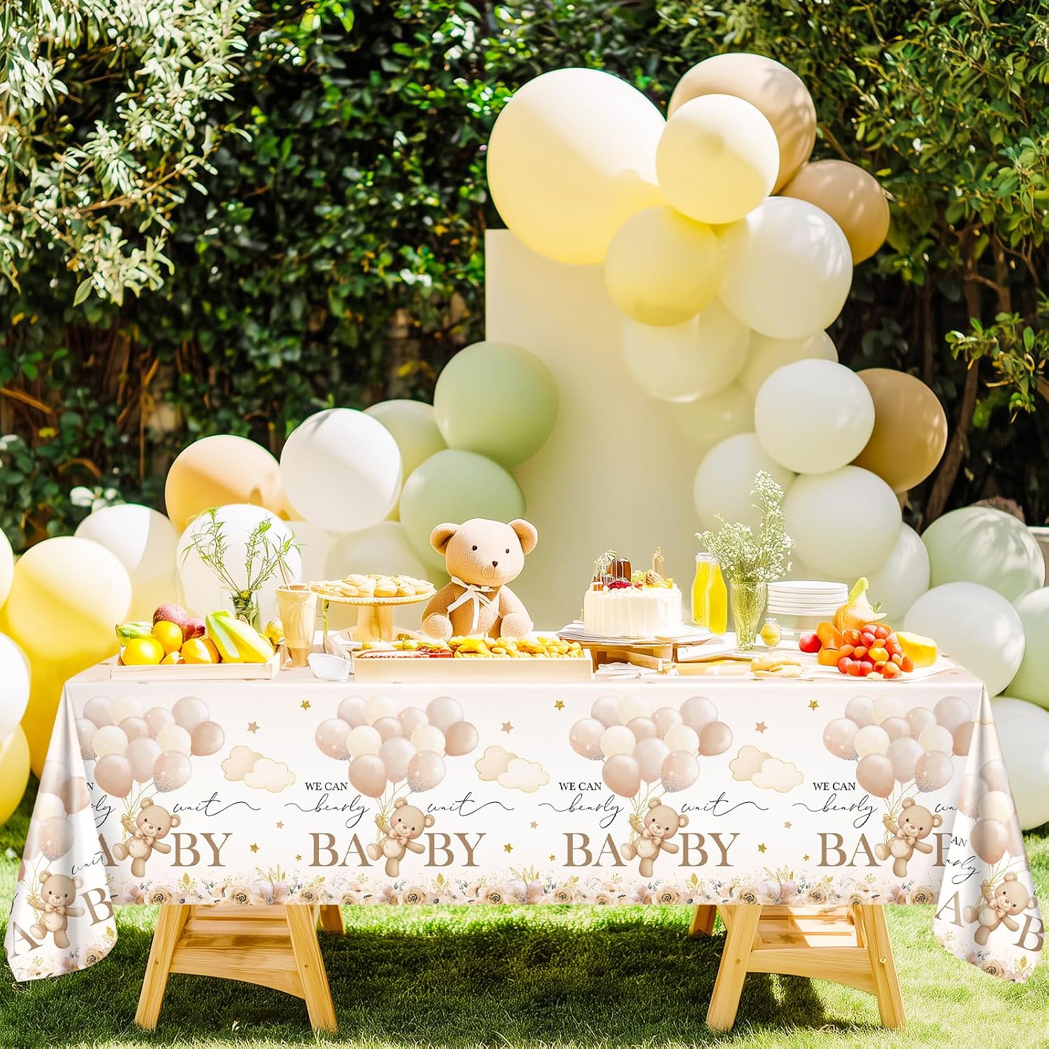 Avezano 3 Pcs Bear Baby Shower Tablecloth We Can Bearly Wait Table Cloths Brown Bear Baby Shower Decorations 108 x 54 Inch