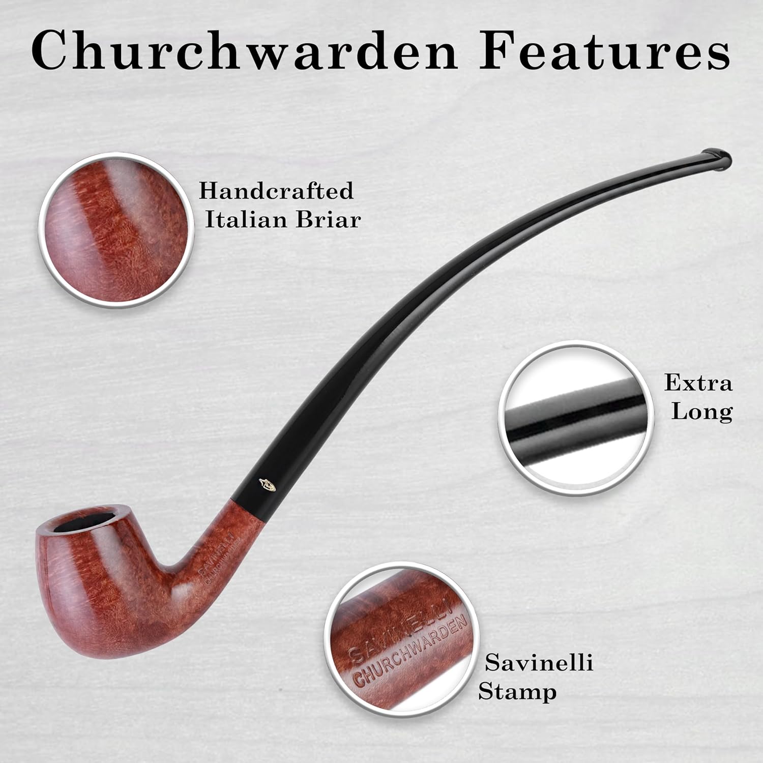 Savinelli Churchwarden Collection - Extra Long Handmade Italian Wood Briar Pipe, Vintage Design, Polished Finish, 3mm (Polished 601)