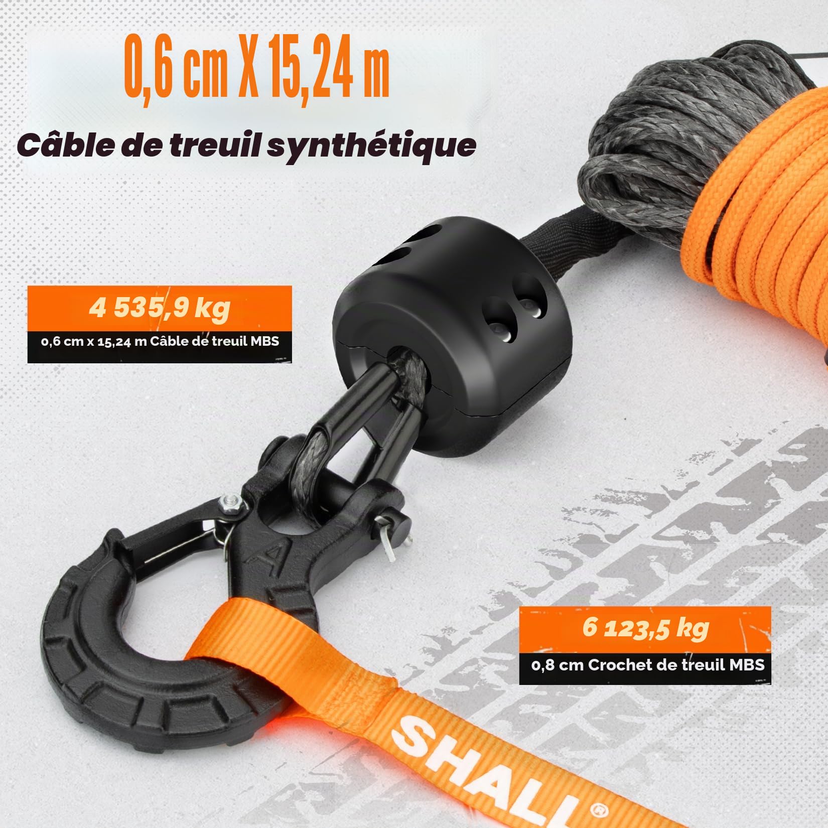 Shall Sangles et Cordes de remorquage, Corde synthétique pour treuil de 1/4 po x 50 pi (7,6 mm x 15 m), 5 tonnes (10 000 LB), avec Manchon de Protection, Crochet de treuil forgé et Sangle de sécurité