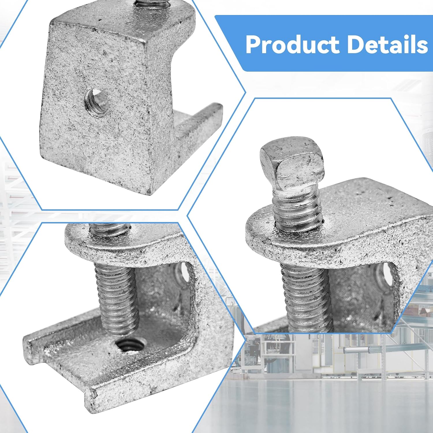 6-Piece Malleable Iron Beam Clamp for Rod Support – Zinc Plated for Rust Resistance – 3/4" Jaw Opening – Compatible with 5/16”-18 Set Screws and 1/4”-20 Rods – Max Load 125 lbs