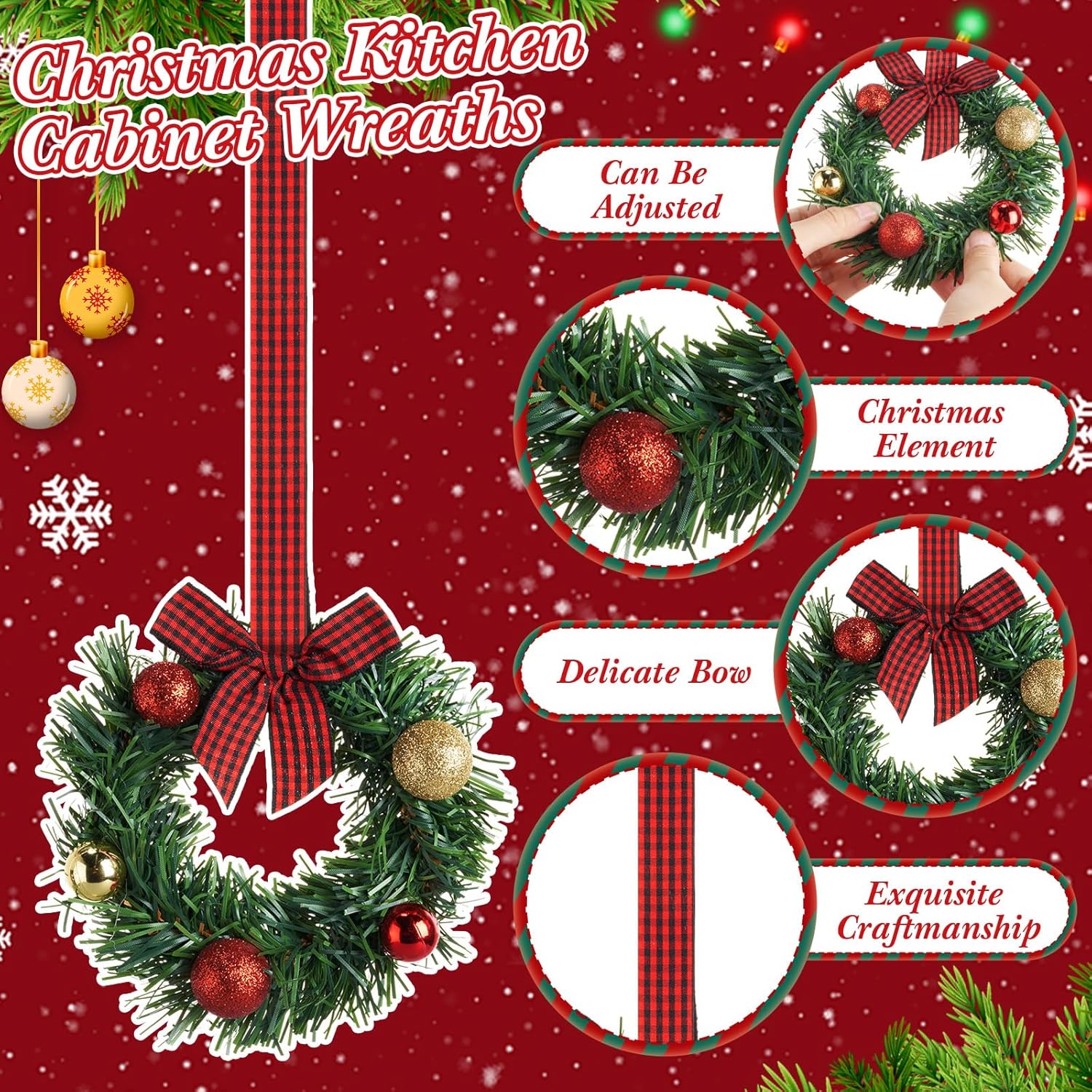 Zeyune 12 Pcs Small Christmas Wreaths for Kitchen Cabinets with Bow Ribbon Mini Cabinet Door Wreath Set Hanging Christmas Decor for Kitchen Window Outdoor Indoor, 14.96 x 7.87''(Red Plaid Bow)