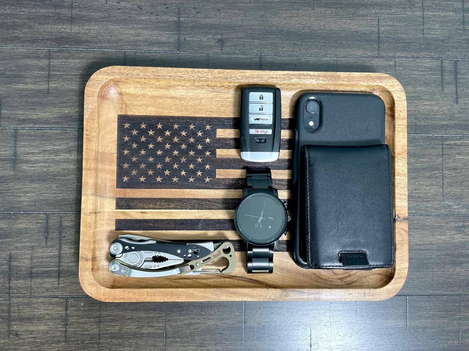 American Flag Valet Tray – Acacia Wood Catch All, EDC Tray – Every Day Carry Bedside Holder, Dump Tray EDC Organizer, Nightstand Organizer, Decorative Key Holder, 11 x 7.75 x 1 inches - Image 5