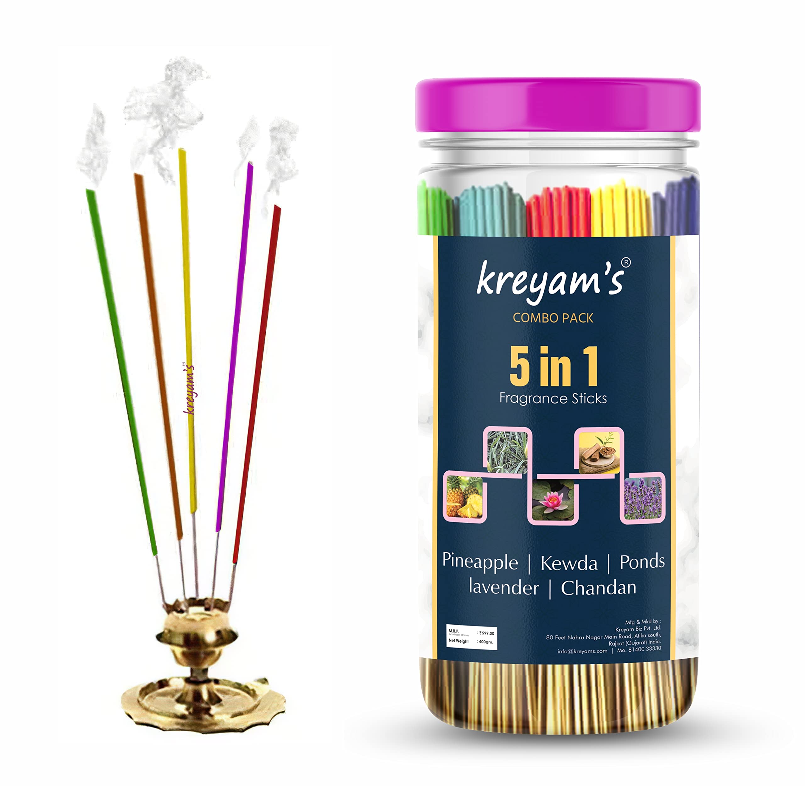 Kreyams Incense Stick Dhup Agarbatti for Pooja | Natural Khushbu Long Lasting Combo Pack of 5 | 5 Different Fragrance Chandan, Ponds, Lavender, Kewda, Pineapple | Puja Dhoop Batti Colour | 400gm (240 Units) (B09BVSNZWX) Amazon Price History, Amazon Price Tracker