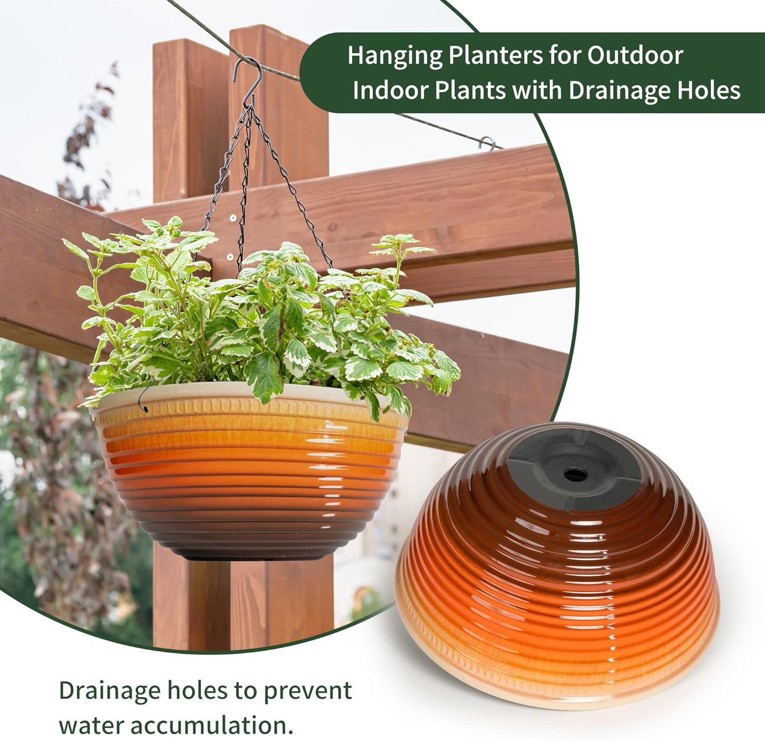 Vanslogreen 12 inch Hanging Planters for Indoor Outdoor Plants, 2 Pack Large Hanging Flower Pots with Drainage Holes and Chain, Glazed Hanging Baskets for Home Garden Decoration, Orange
