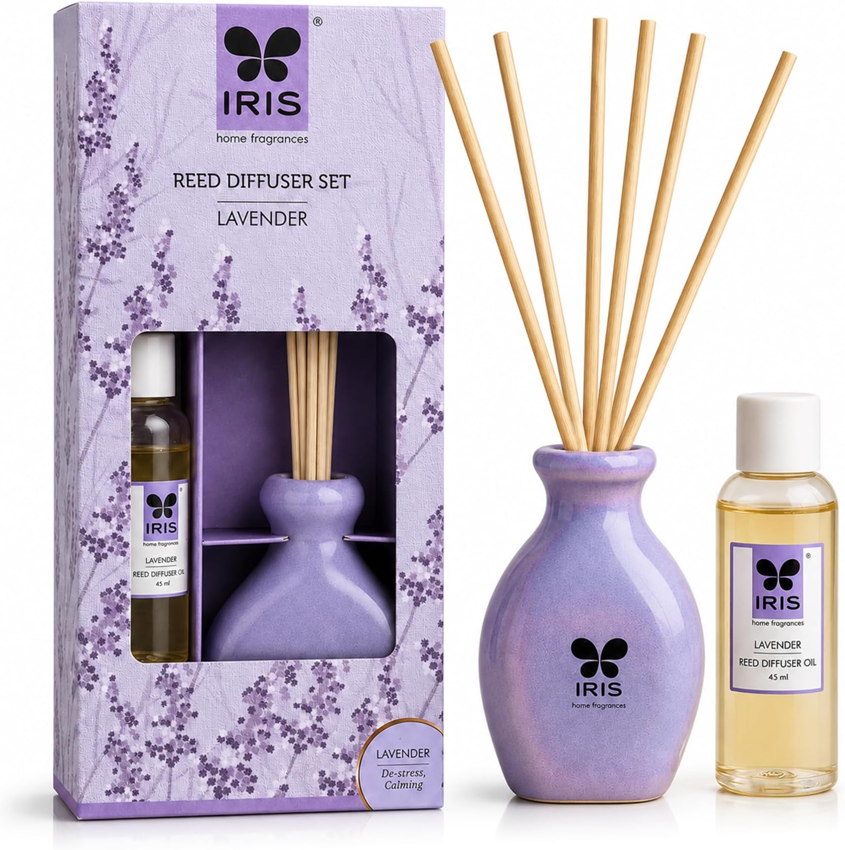 Lavender Reed Diffuser Set | 45ml Oil + 6 Reed Sticks + Ceramic Pot | Long-Lasting Home Fragrance | for Bedroom, Living Room & Office | Ideal for Gifting