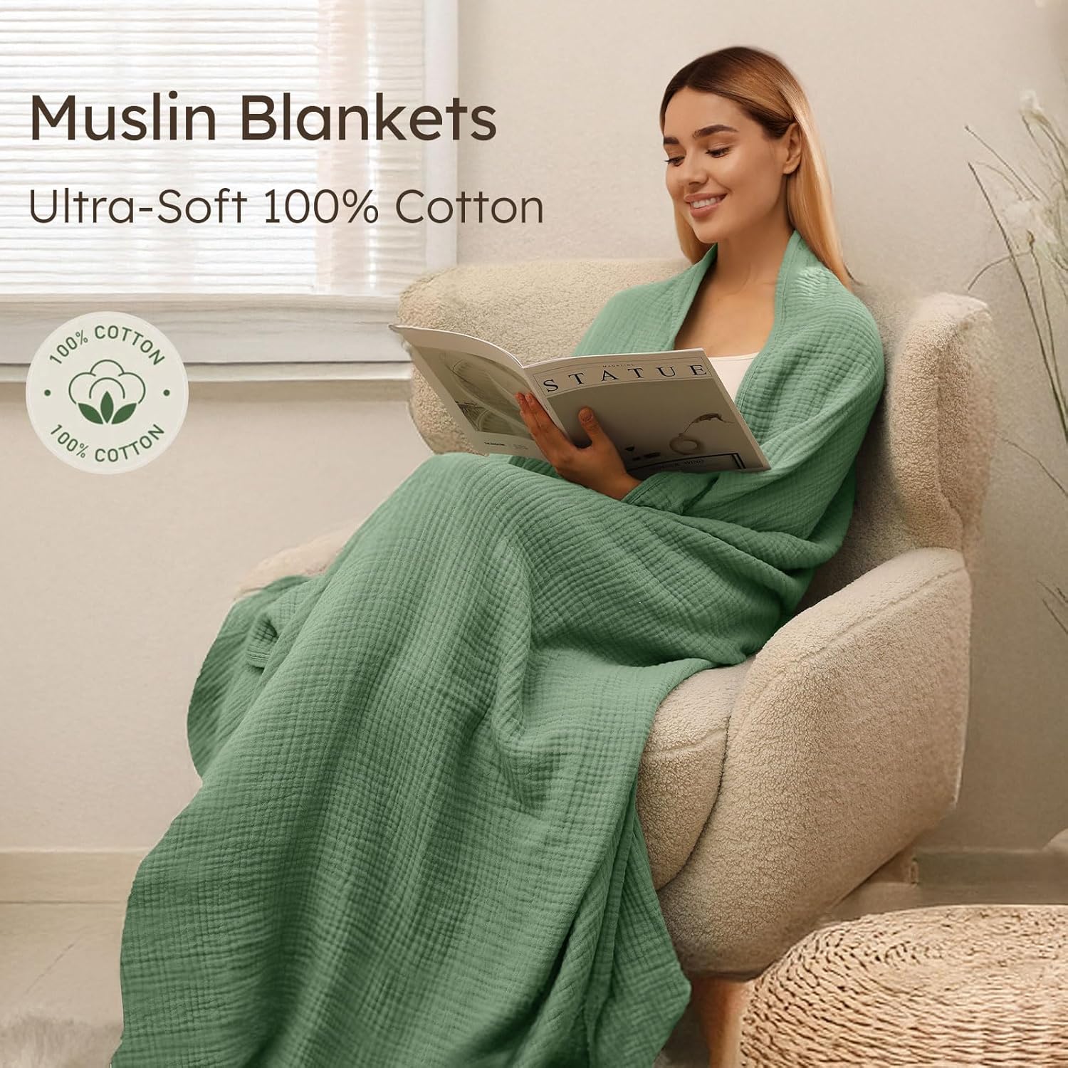 100% Cotton Muslin Blanket Twin XL Size 66" x 90" for Bed Couch Summer Gauze Blanket for Adults Lightweight and Breathable Dark Green - Image 2