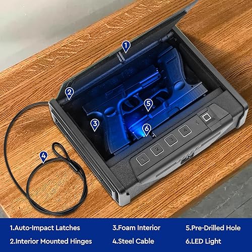 Miniatura 6 de Aelmaex Caja fuerte para pistolas, caja fuerte biométrica para pistola de hogar, acceso rápido con huellas dactilares, PIN digital y opciones de