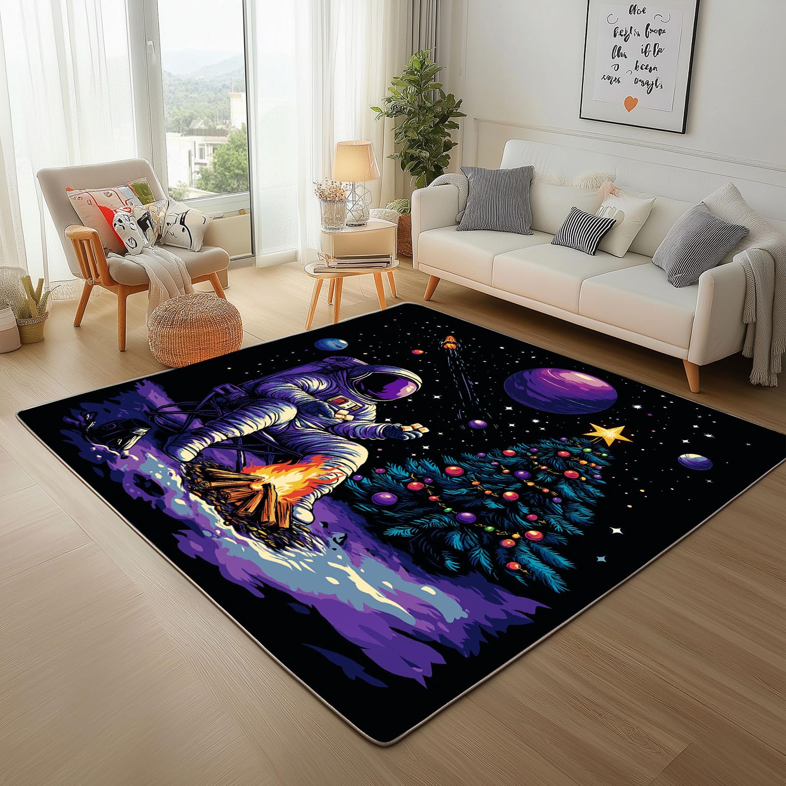 Tapis Noël univers planétaire 160x230cm antidérapant et lavable pour salon