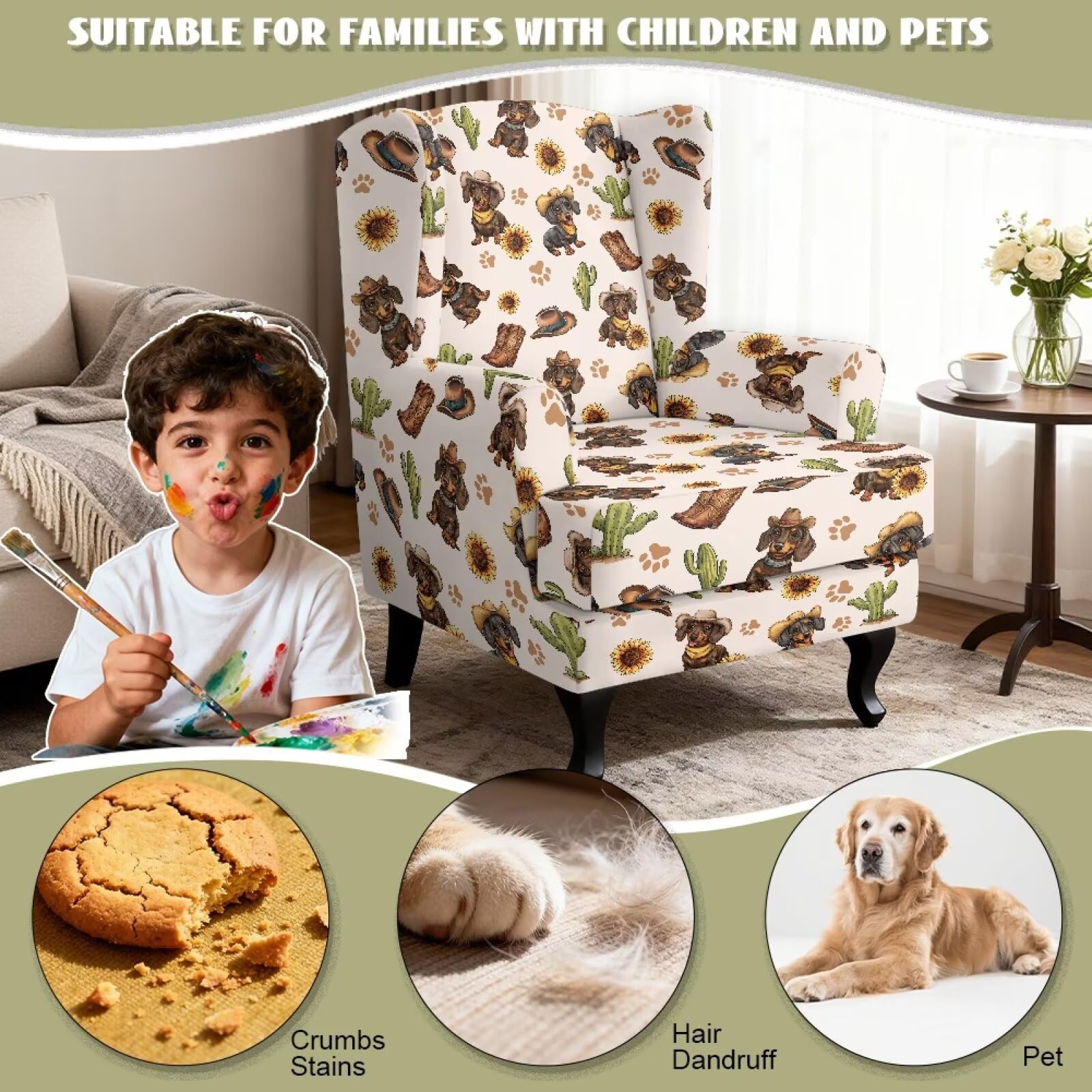 Xoenoiee Fundas elásticas para sillón, diseño de perro salchicha, girasol, cactus, 2 piezas, fundas elásticas para sillón, protector antideslizante para muebles para sala de estar