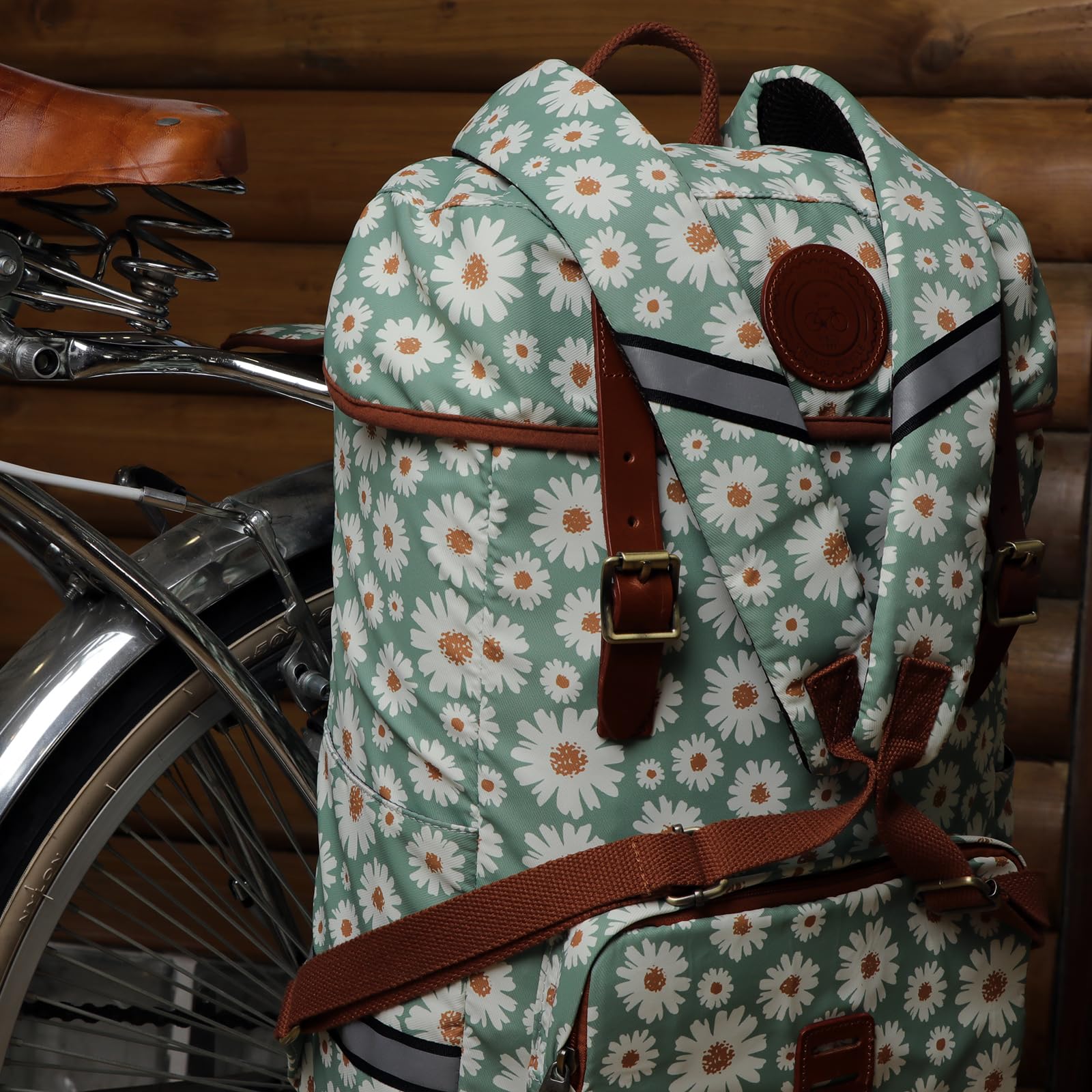 TOURBON Fahrradtasche Gepäckträgertasche Wasserdicht Segeltuch Radfahren Laptop Rucksack Sitz Schultertasche für Outdoor Reisen Schule (Blumenmuster)
