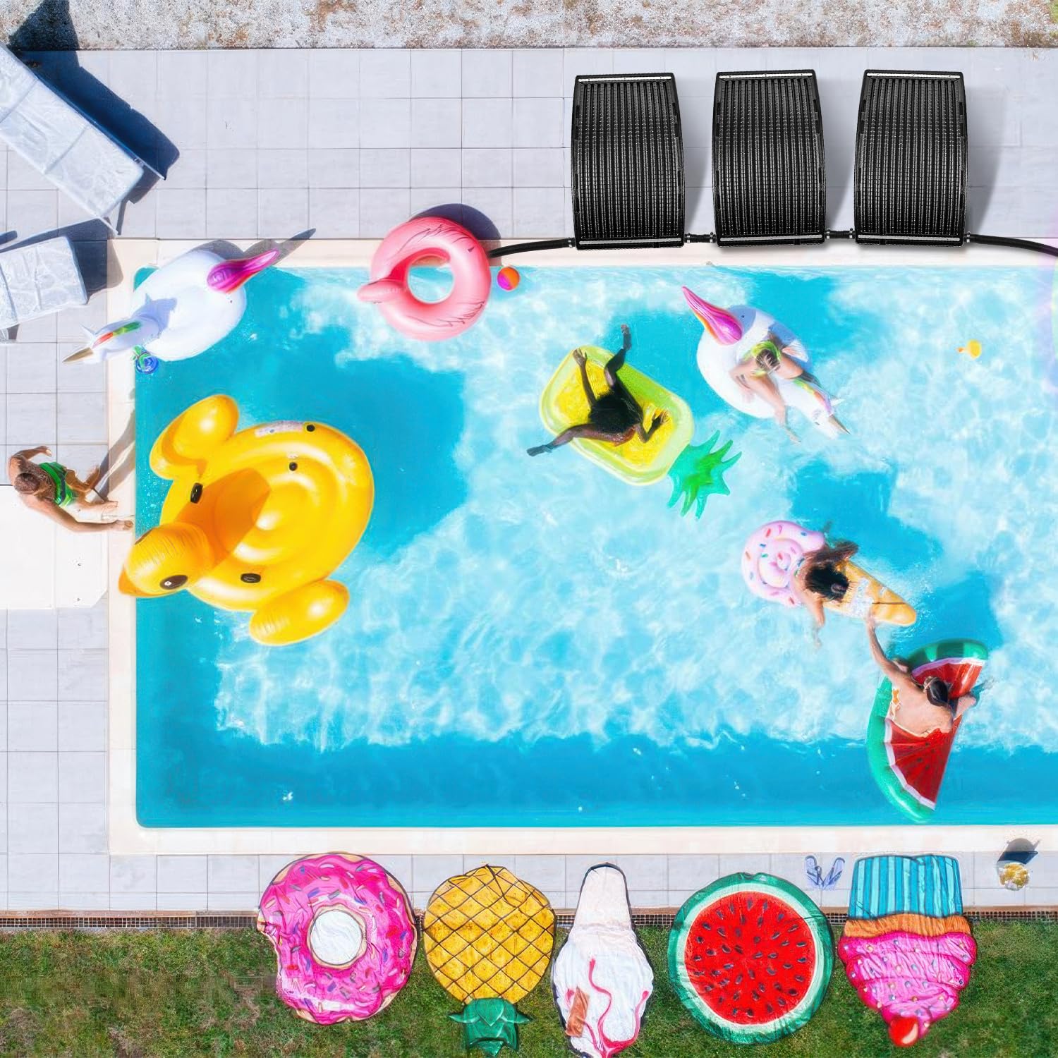 3 x riscaldatori solari per piscina, 110 x 65 x 35 cm, altezza regolabile, riscaldamento solare per piscina, 10000 l/h, attacco da 38 mm, per acqua calda e piscina