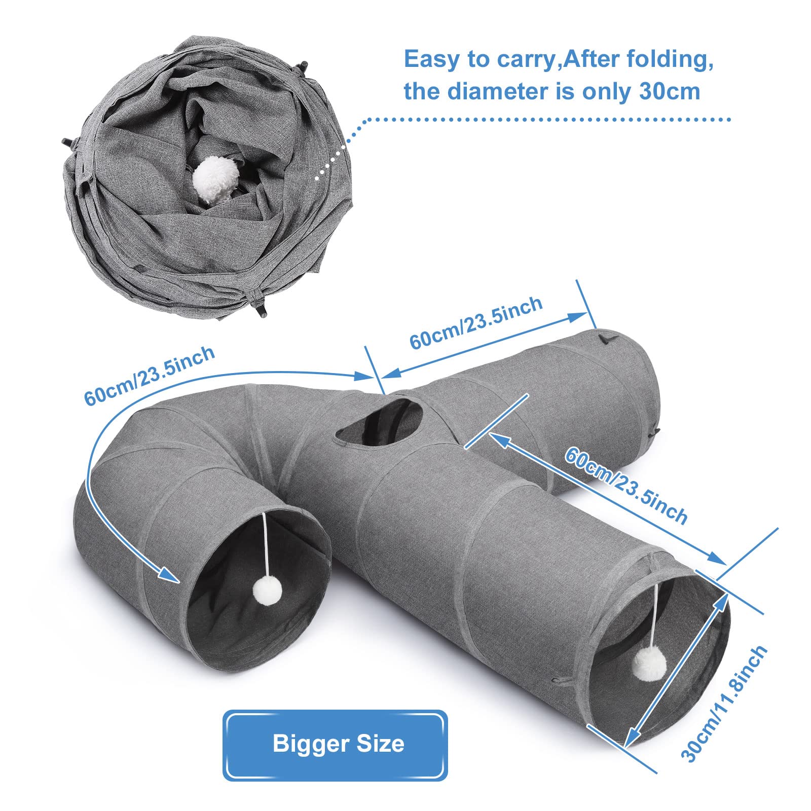 Ownpets Grand tunnel en forme de U pour chat avec 3 voies en tissu Oxford robuste, pliable et résistant aux déchirures, avec plusieurs sorties, boule suspendue et baguette taquineur, diamètre 30 cm