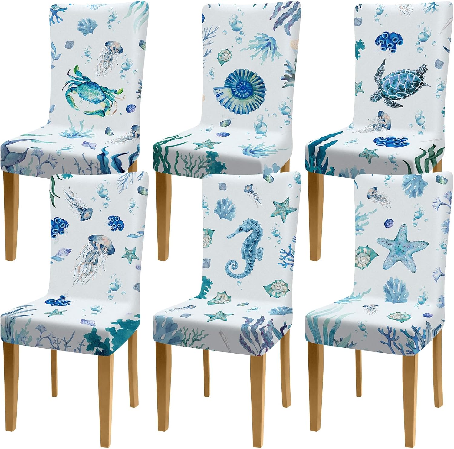 SmoothNovelty 6 Pcs Ocean Chair Covers Marine Organism Stretch Chair Cover Sets Coastal Chair Covers Washable Removable Chair Slipcover for Dining Room Restaurant Banquet Home Decor, 6 Styles