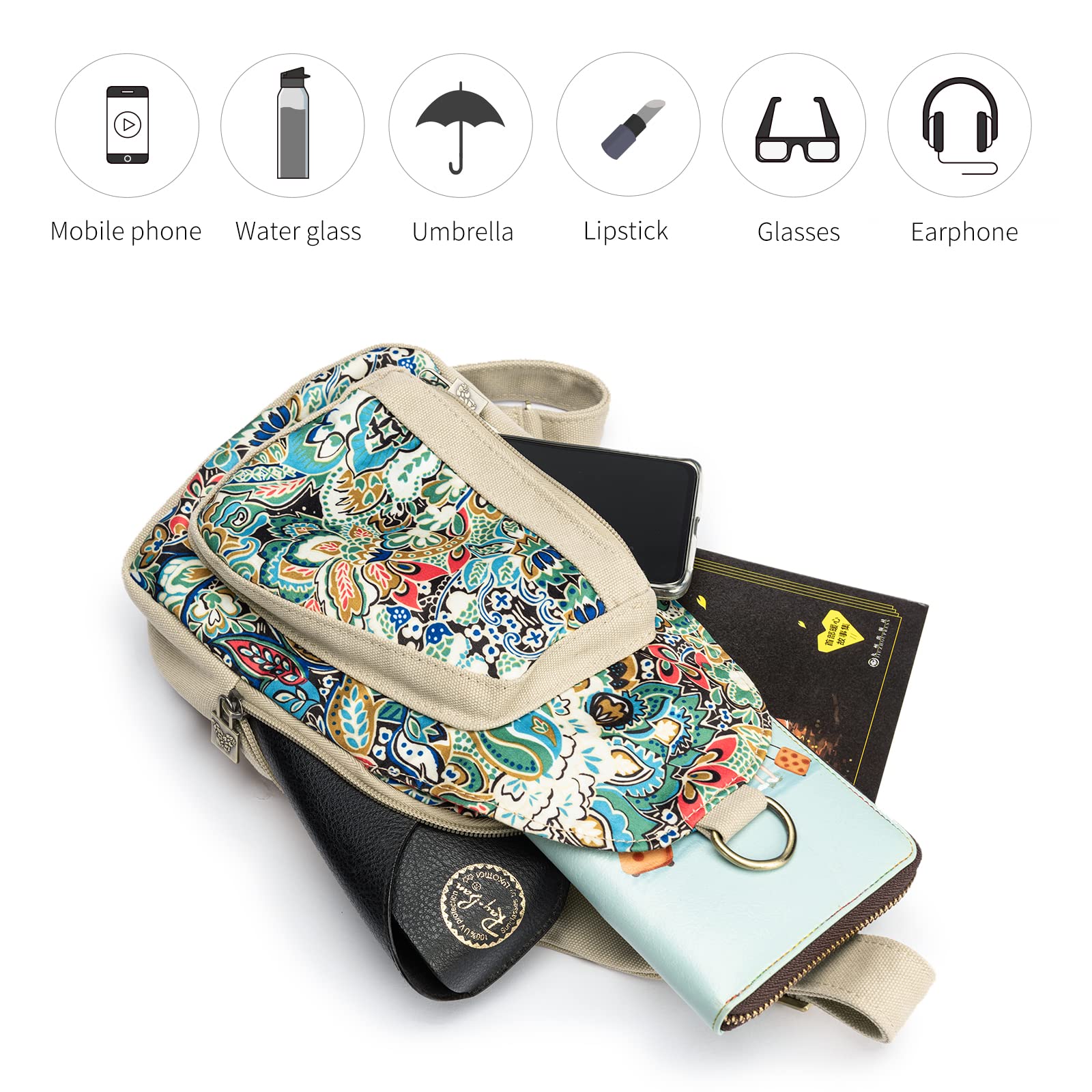 Bolsa de pecho de lona, bolsa de pecho pequeña, bolsa cruzada para viajes, bolsa de hombro inclinada, Azul, Bohemio 5
