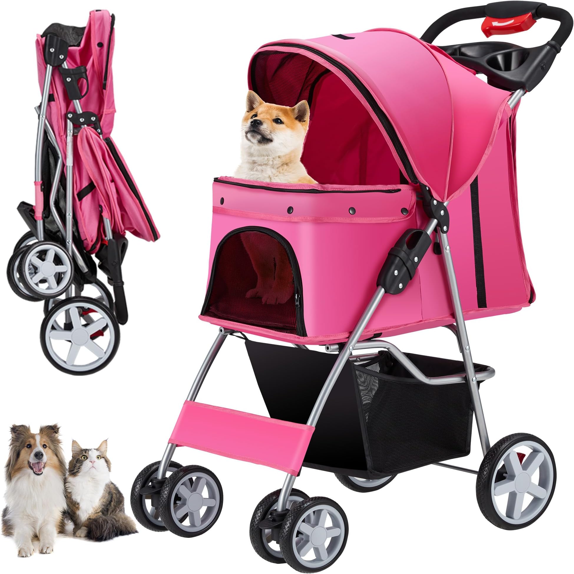 4 Wheels Pet Stroller for Small Medium Dogs Cats 10-33 lbs, Foldable Dog and Cat Stroller with Cup Holder & Storage Basket & Breathable Mesh, Pet Strolling Cart for All-Season, Pink