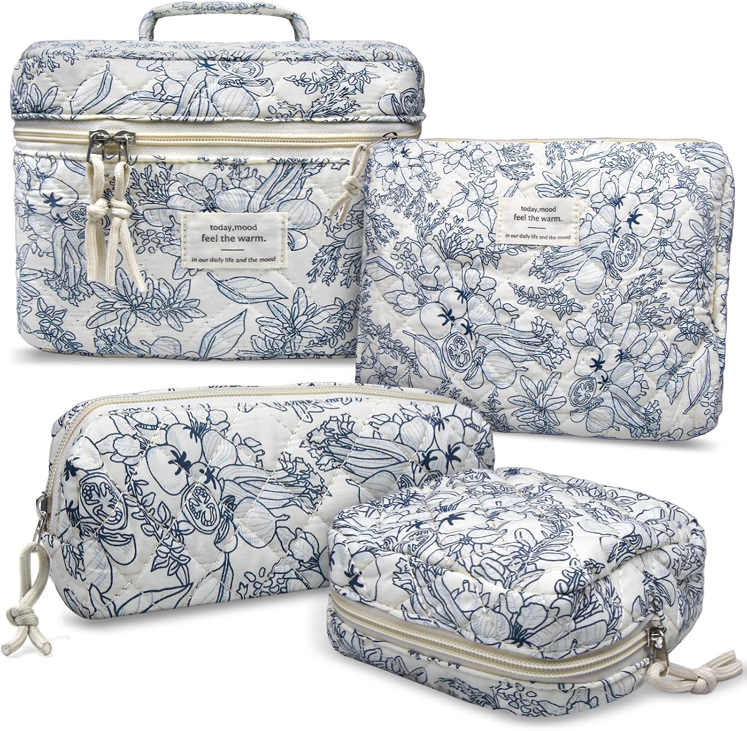 VIWIME Makeup Cosmetic Bag, Large Cotton Quilted Travel Coquette Aesthetic Cute Floral Make up Bag for Women Toiletry Bag Organizer (209 - Lao Lan/4Pcs)
