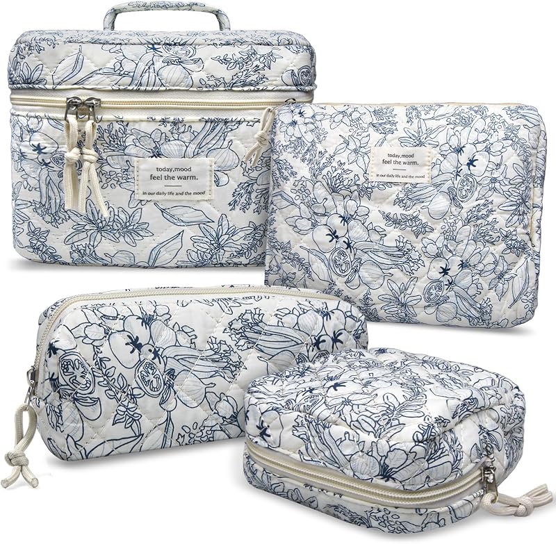 Necessaire de maquiagem VIWIME com zíper, em nylon matelassê, estampa floral, 20,07 x 14,73 x 13,72 cm, Cor 209 - Lao Lan/4Pcs
