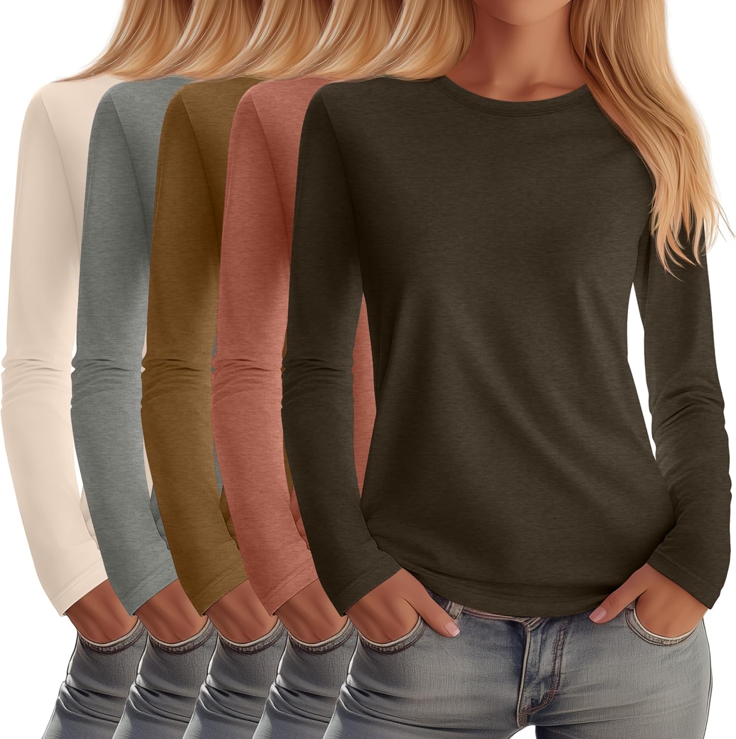 Huukeay 5 Pack Women's Crew Neck Long Sleeve Shirts, Cotton Blend Casual Clothes Workout Basic Layering Tee Tops Multipack