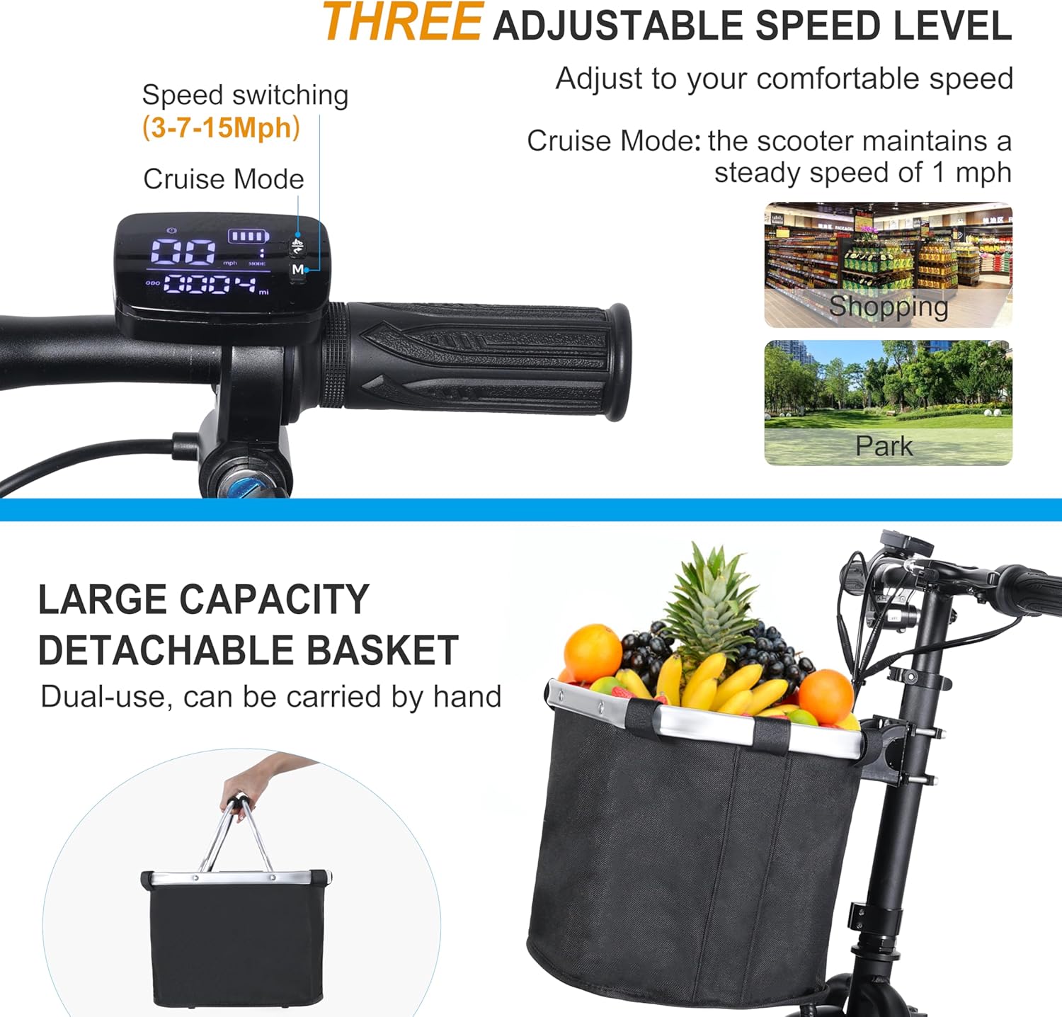 Close-up of the TopMate ES10 scooter's handlebar display showing speed settings and battery indicator.