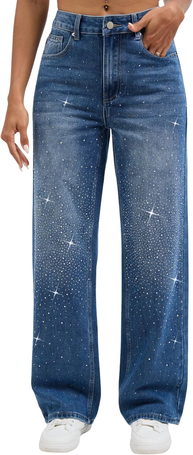 Wanduyini Rhinestone Straight Leg Jeans for Women Teen Girls Bling Loose Fit Denim Pants for Party Music Festival