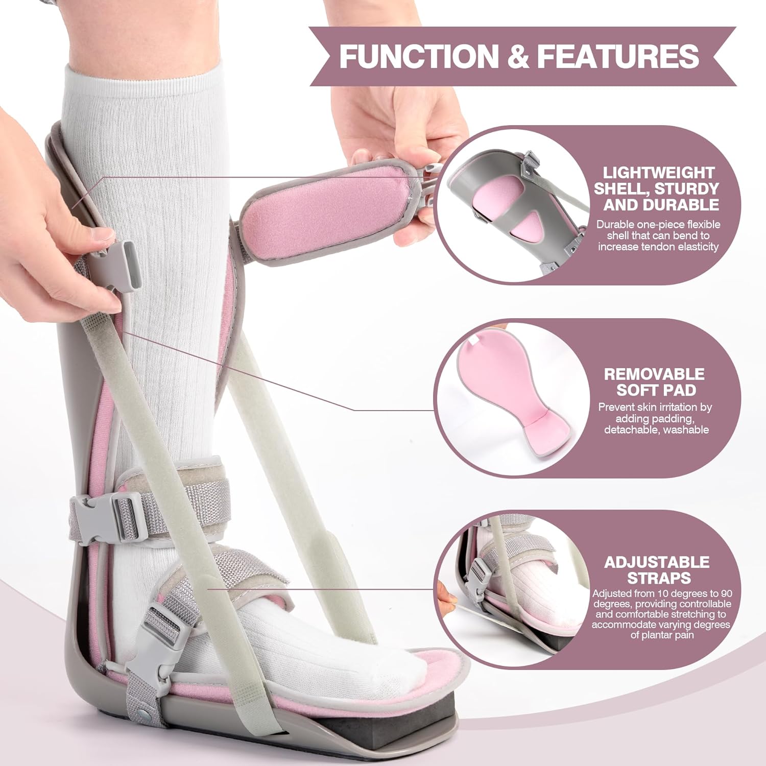 Medibot Sleeping Stretch Boot-Plantar Fasciitis Night Splint Leg Support Brace, Comfortable & Adjustable, Fits Right or Left Foot for Achilles Tendonitis, Heel, Bone Spurs(Grey shell Pink lining S) - Image 2