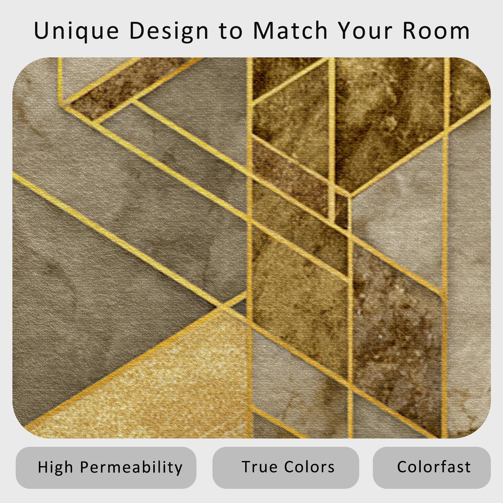Marmor Teppich 200 x 200 cm Wohnzimmer Mit Gold Gelb Modern Geometrisch Muster, Marmor Bettvorleger Schlafzimmer Deko, Waschbar Teppiche Gegend Kurzflor rutschfest
