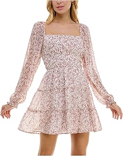 Womens Beige Lined Ruffled Sleeve Tiered Elastic to Floral Long Sleeve Square Neck Short Dress Juniors L - Buy now