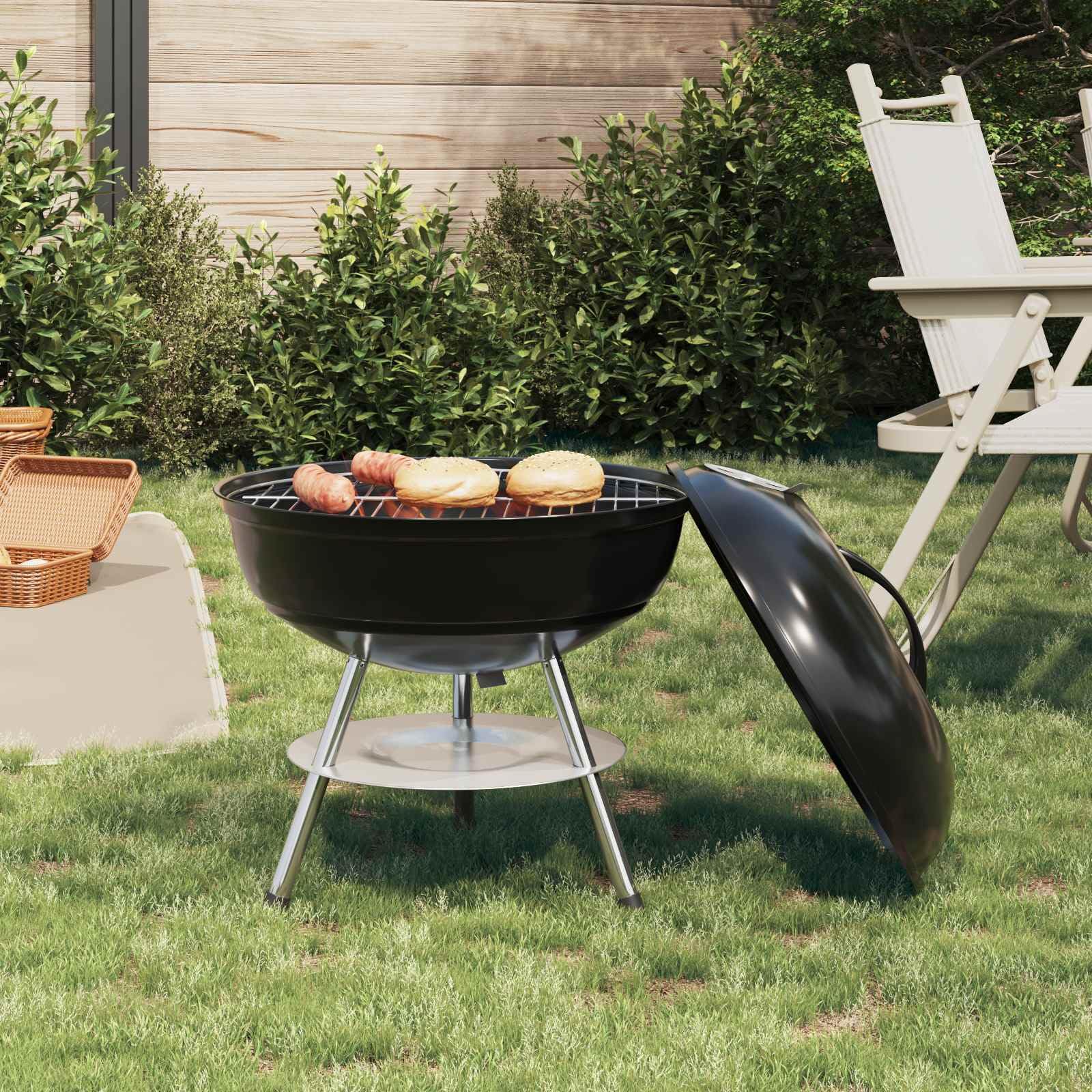 Barbecue a carbonella nero, 36,5 x 36,5 x 40 cm, con coperchio pieghevole, contenitore per cenere, griglia per balcone, terrazza, giardino, all'aperto, campeggio, ideale per carne, verdure