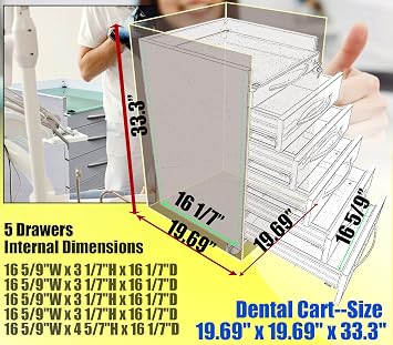 Dental Assistant's Mobile Cabinet with 5 Drawers, 2 Divider Tray, Alabama Cart, Dental Clinic Stainless Steel Storage Cabinet, Assistant's Alabama Dental Cart, White