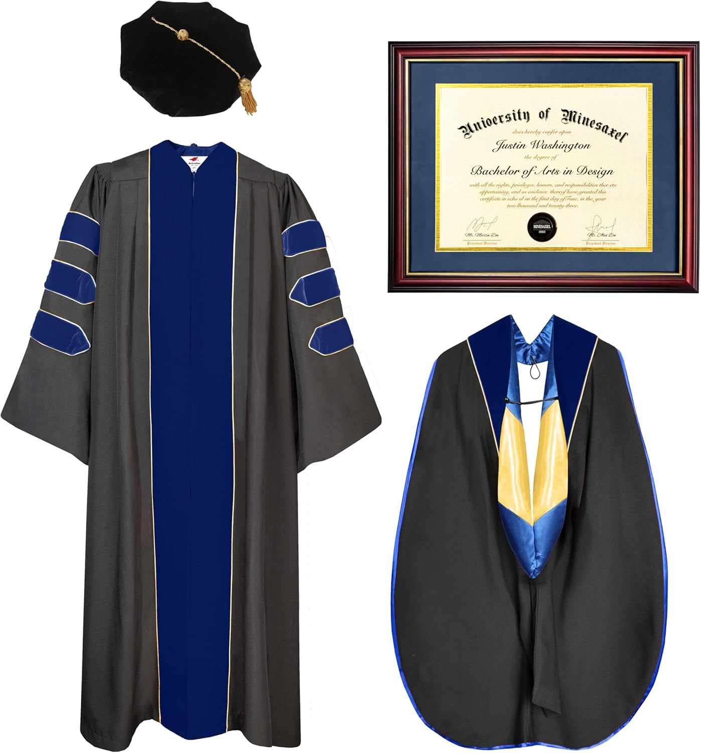 MyGradDay 8.5x11 Diploma Frame Graduation Doctoral Gown,Hood and 8-Side Tam Package 45"(5'0"-5'2") inches