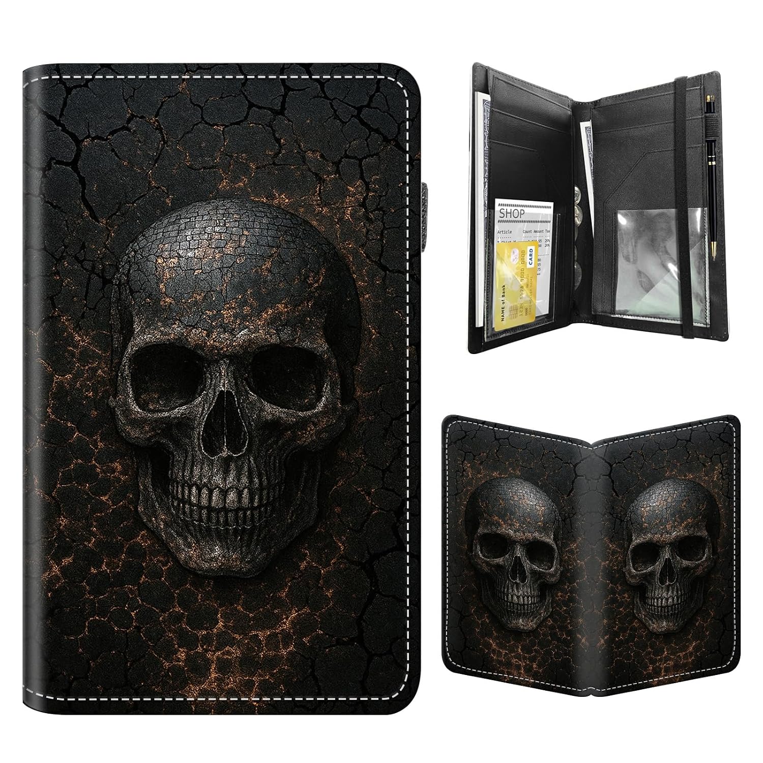 Leather Server Book for Waitress, Cute Server Book with Zipper Money Pocket,Check Presenters Waitstaff Organizer Fit Apron, Skull Serving Book, Waiter Books for Servers