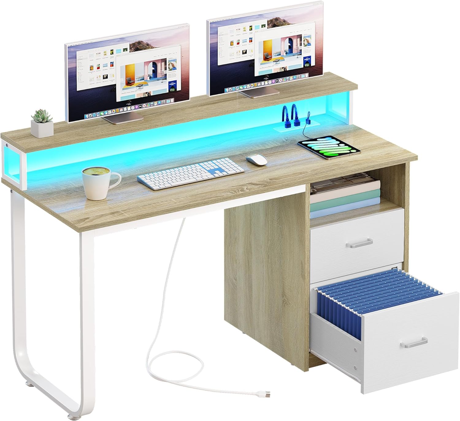 DWVO Computer Desk with Drawers, 55" Office Desk with Power Outlets & LED Light, Home Office Desk with Storage Shelves, White & Oak