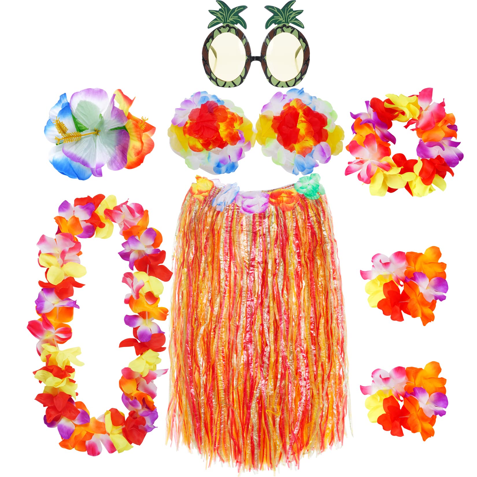 baotongle 8-Piece Hawaiian Party Costume Set with Necklace, Bracelets, Headband, Flower, Bra, Hair Flower and Pineapple, Sunglasses for Beach Party, Decoration, Multicoloured, 60 cm
