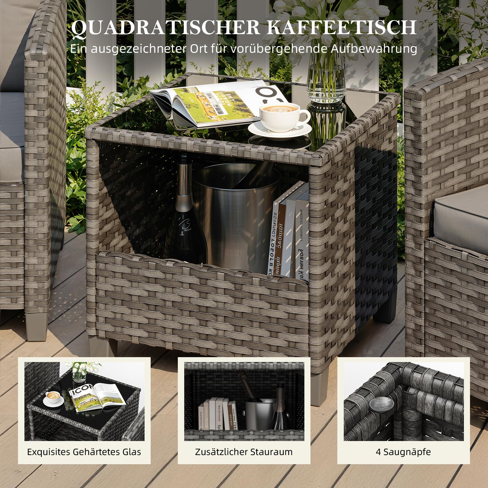 UDPATIO 3-Teiliges Rattan Gartenmöbel Set für 2 Personen, Balkonmöbel Set mit 2 Sesseln & Kaffeetisch, Outdoor Lounge Gartenmöbel Set für Garten, Poolbereich,Balkon & Terrasse (Grau-meliert)