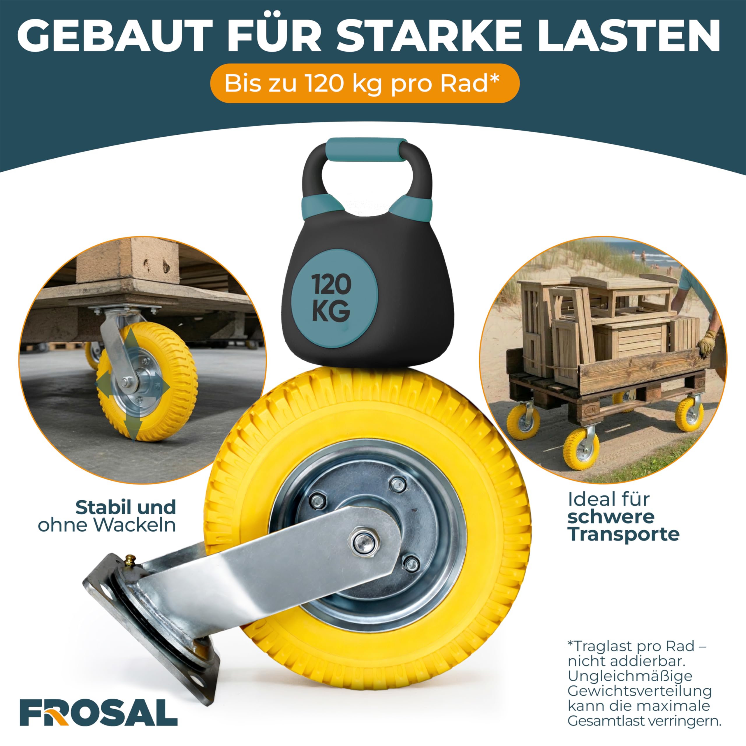 FROSAL 4-teiliges Rollen-Set 8 Zoll 2.50-4 – 2 Bockrollen und 2 Lenkrollen – pannensichere PU-Räder Ø 210 mm mit Stahlfelge – bis 120 kg – für Transportwagen