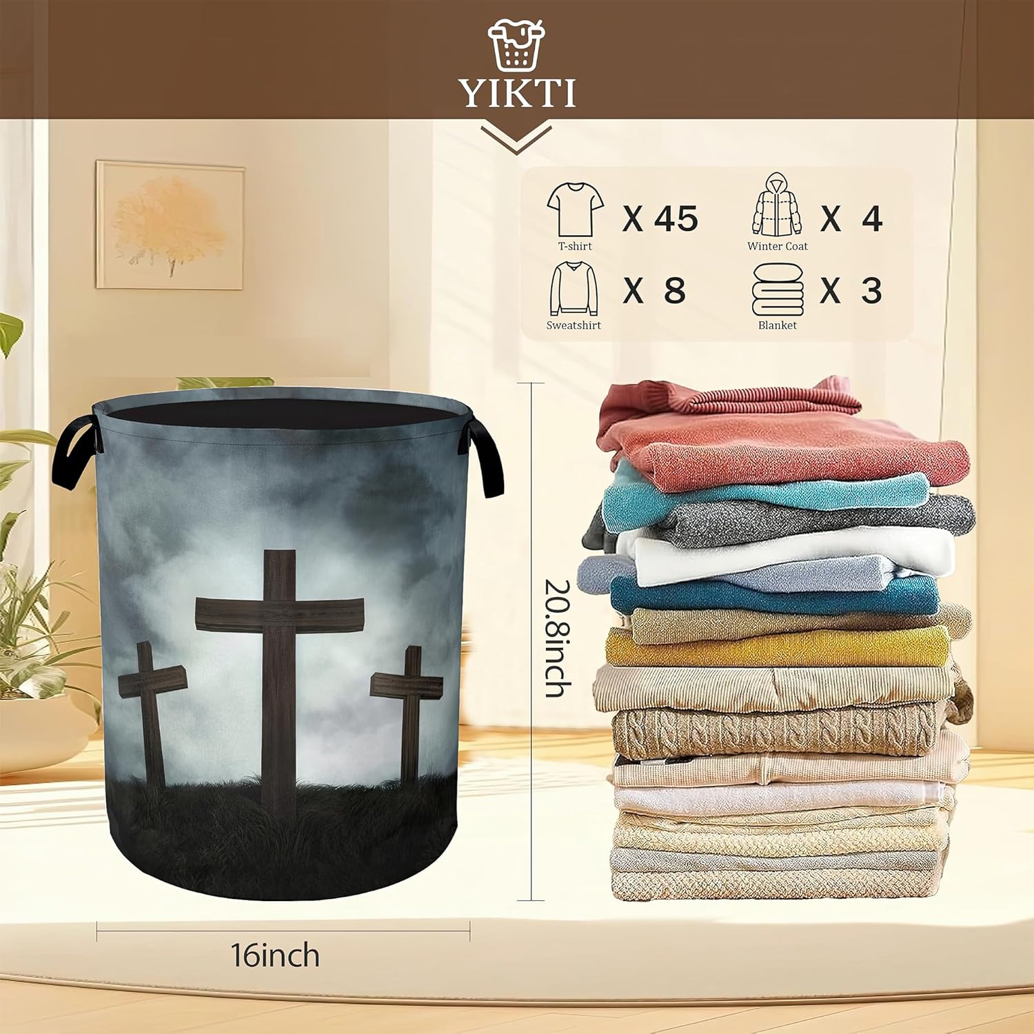 Three Wood Crosses Laundry Hamper,Easter Collapsible Laundry Baskets,Waterproof Oxford Cloth Laundry Room Organization for Bedroom,Bathroom,Nursery,16x20 Inch