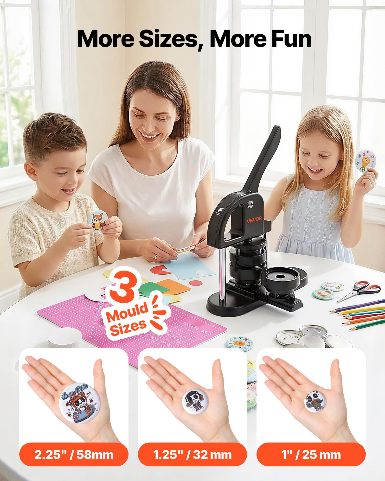 VEVOR Kit per Fustellatrice Manuale di Badge Spillo Bottoni Diametro 25/32/58mm 300 Pezzi, Kit di Punzonatrice Manuale in Plastica per Badge Spillo Fai-da-te con Accessori Completi per Hobby Regali