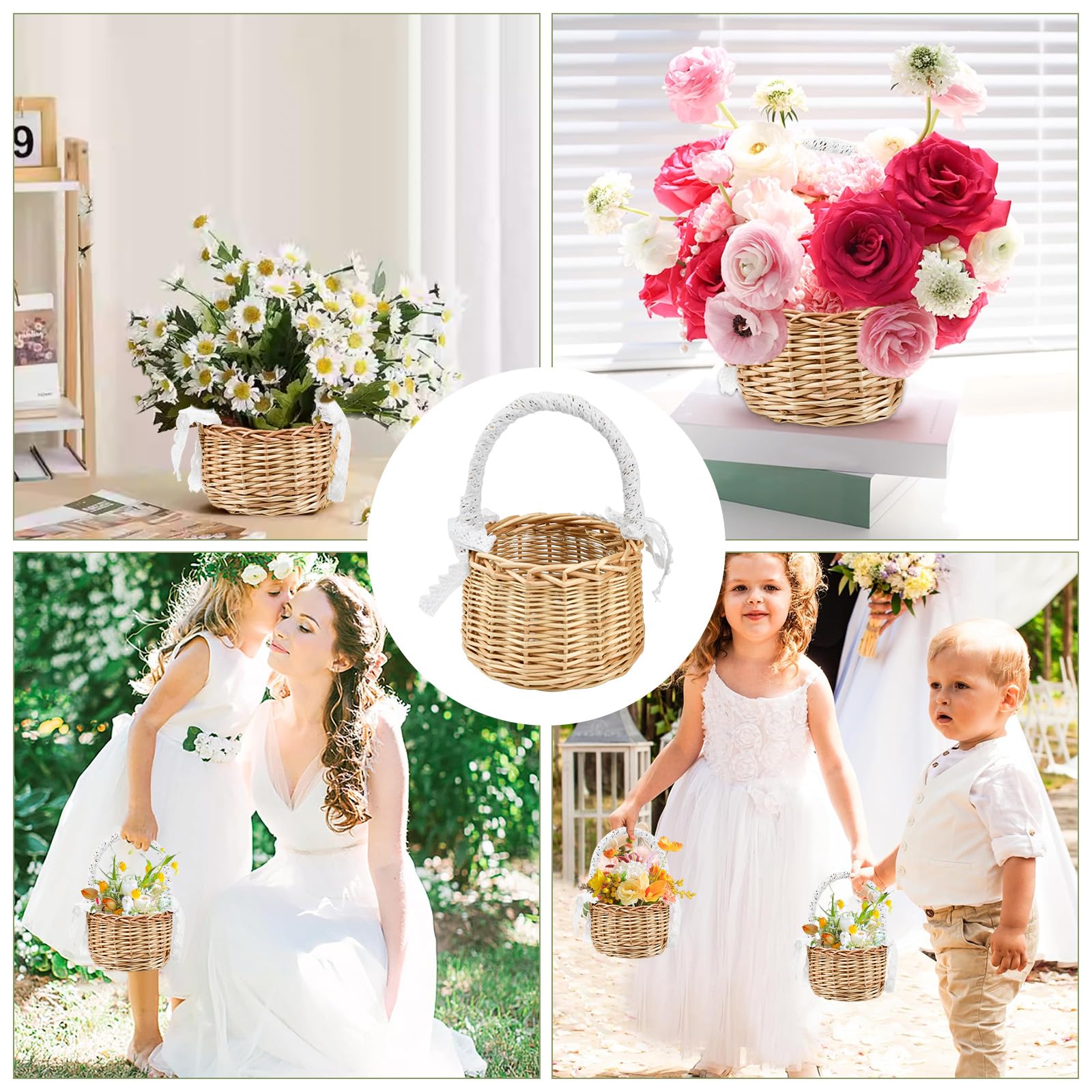 HEKOBAG 2 PZ Cestini in Vimini con Manico 20 cm Cestini di Fiori Matrimoni Cesto di Fiori Fatti a Mano Cesti Intrecciati con Nastro di Pizzo Cestini Rattan per Pane, Caramelle, Cioccolatini, Biscotti