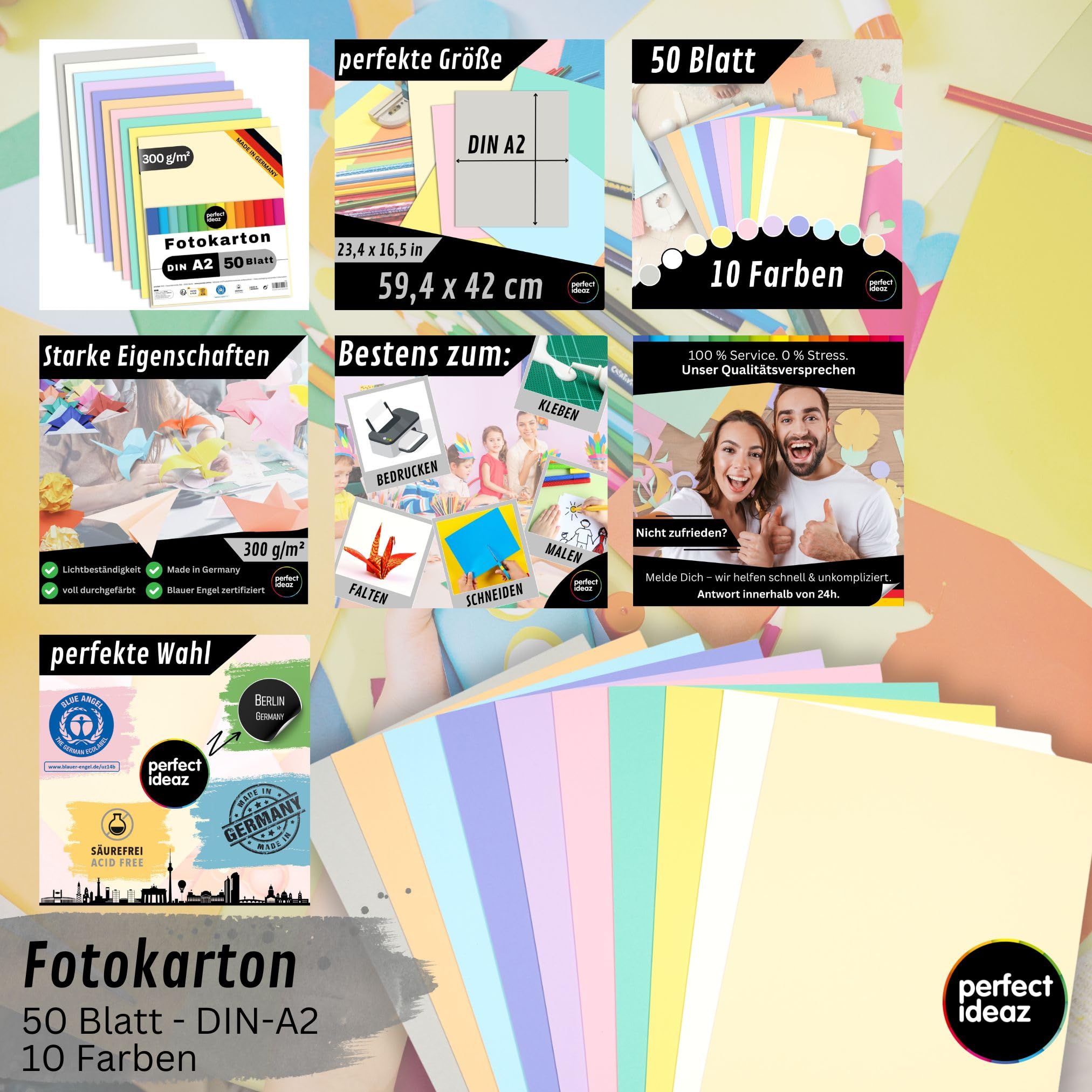 perfect ideaz - 50 Blatt Fotokarton DIN-A2, 10 Farben, stabiler recycling Karton 300 g/m², Made in Germany, Blauer Engel zertifiziert