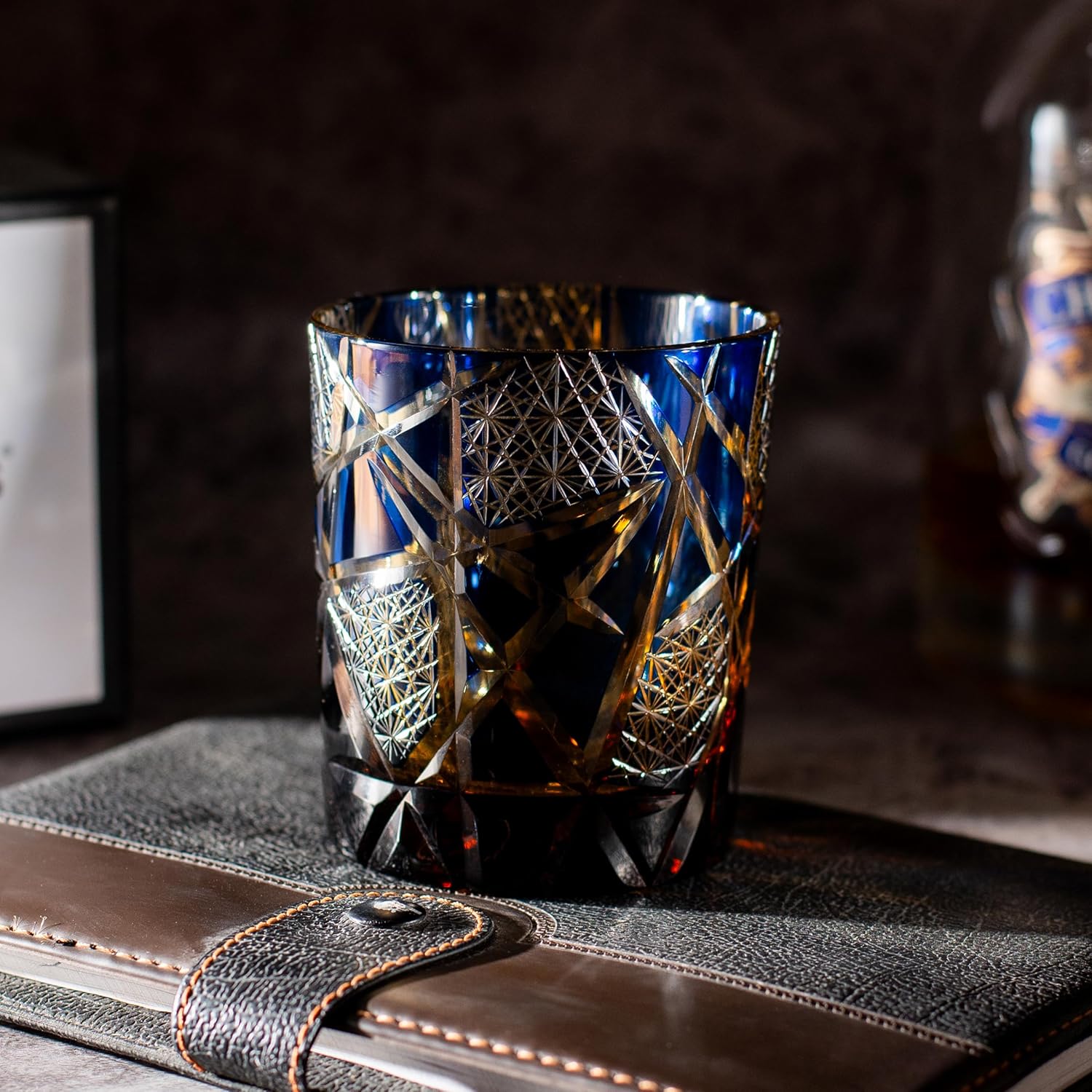 Handcrafted Edo Kiriko Whiskey Glass – Luxury Lead-Free Hand Cut Crystal Whiskey Glass with Gift Box| 240ml Elegant Old Fashioned Tumbler for Whisky, Cocktails, Spirits – Gift for Men & Women (Blue)