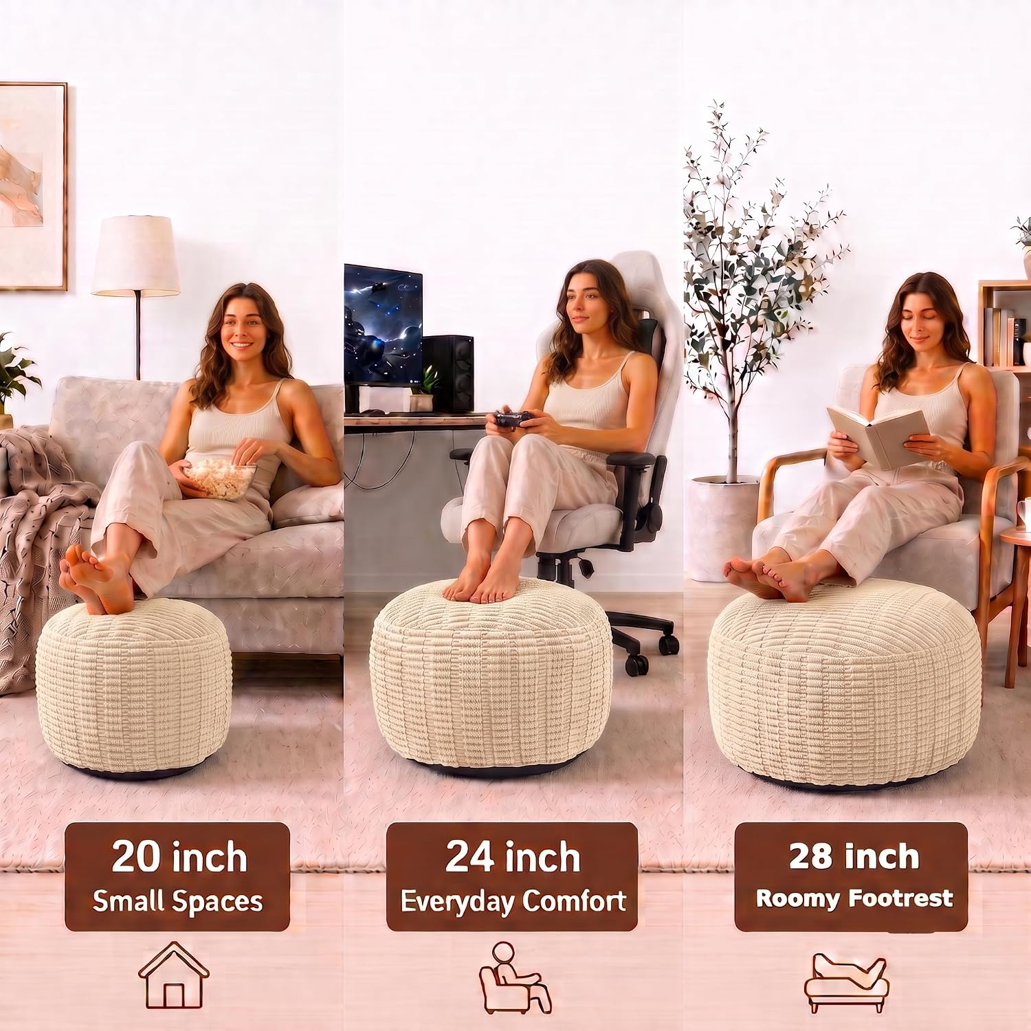 Round Pouf Ottoman, Ivory, 20"x13", Corduroy Foot Rest
