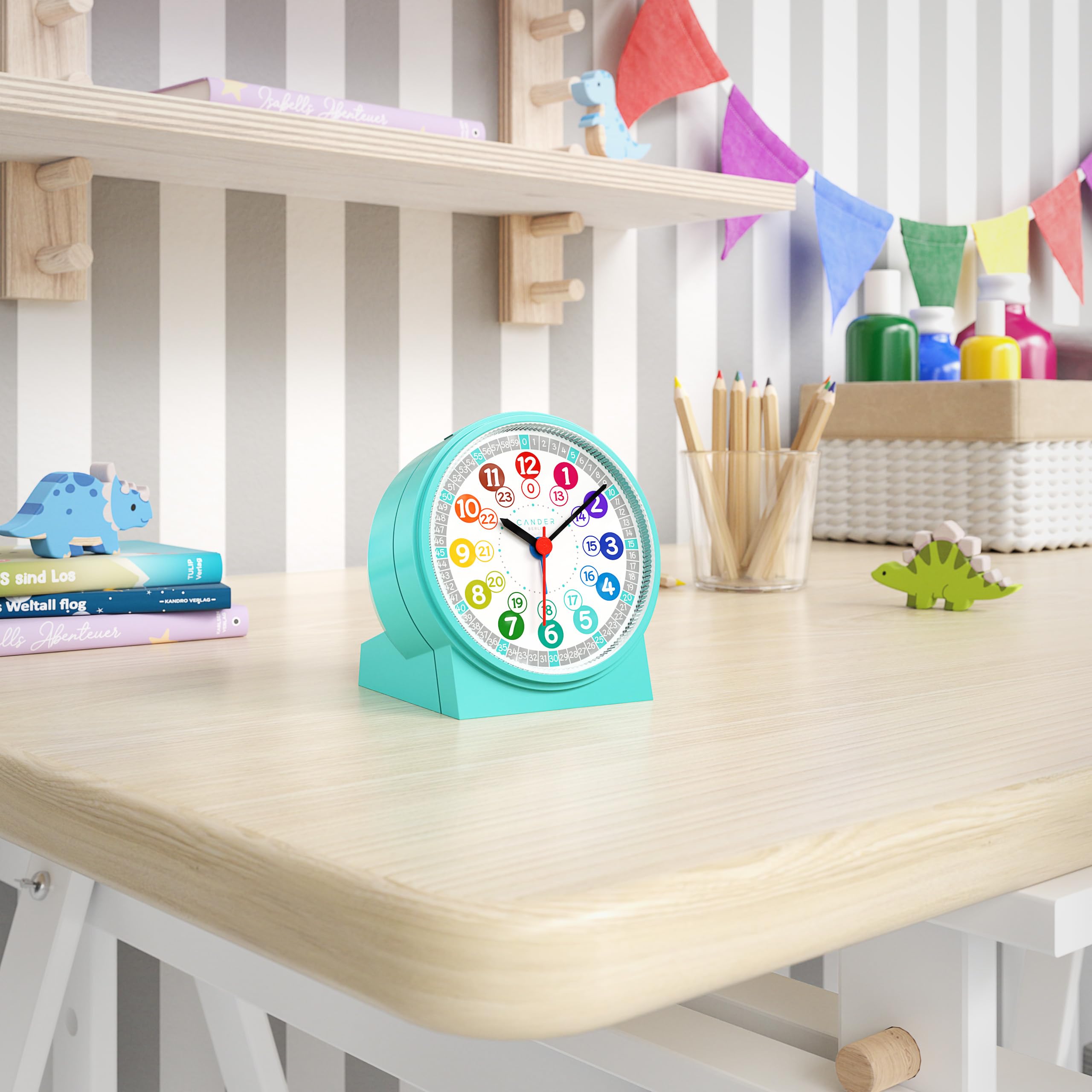 Cander Berlin MNU 1009 T - Despertador infantil silencioso, turquesa, silencioso, luz silenciosa, reloj de mesa, iluminación para habitación infantil, niños y niñas