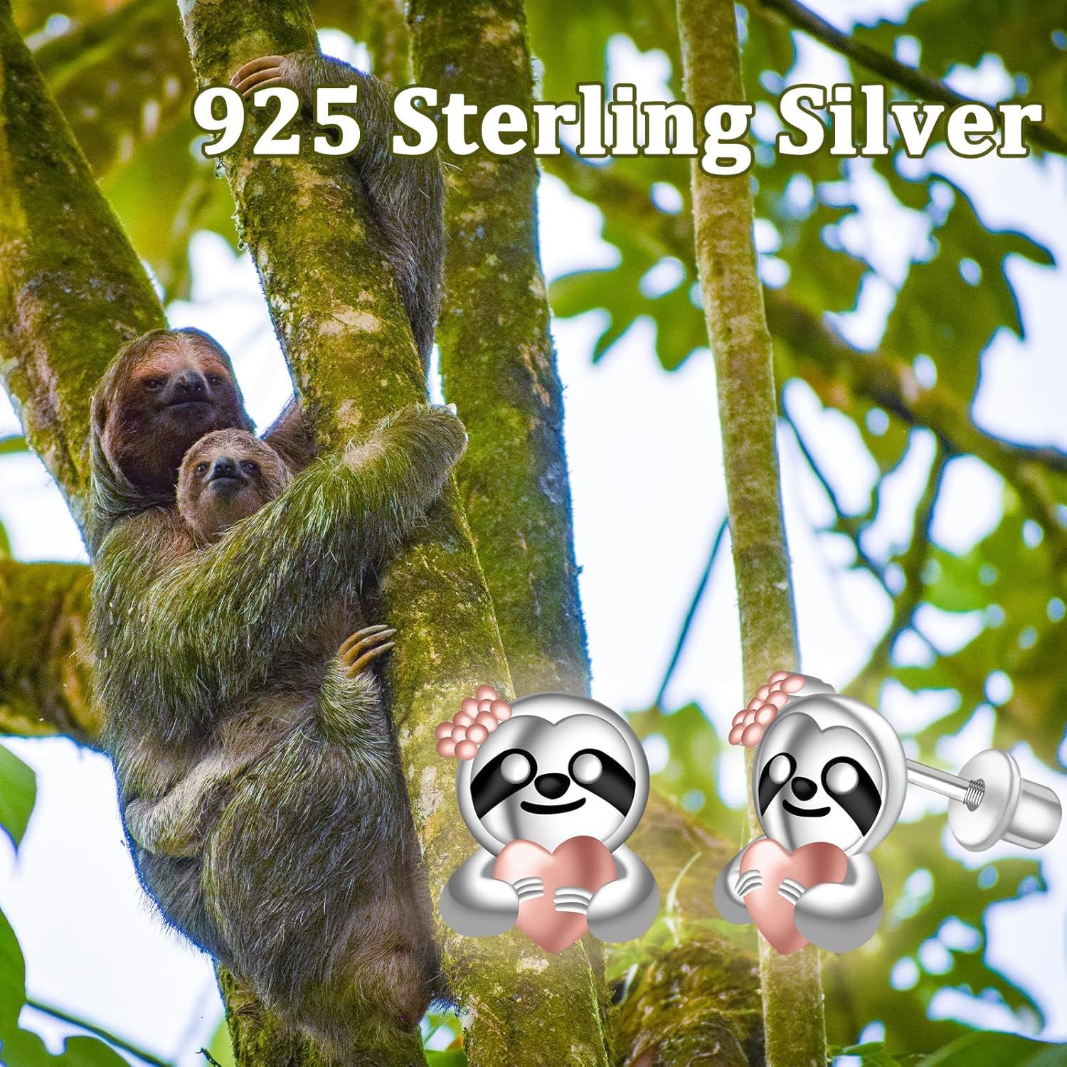 Sloth Screwback Stud Earrings for Women- 925 Sterling Silver Sloth Heart Animal Hypoallergenic Earring Jewelry Gifts Sensitive Ear