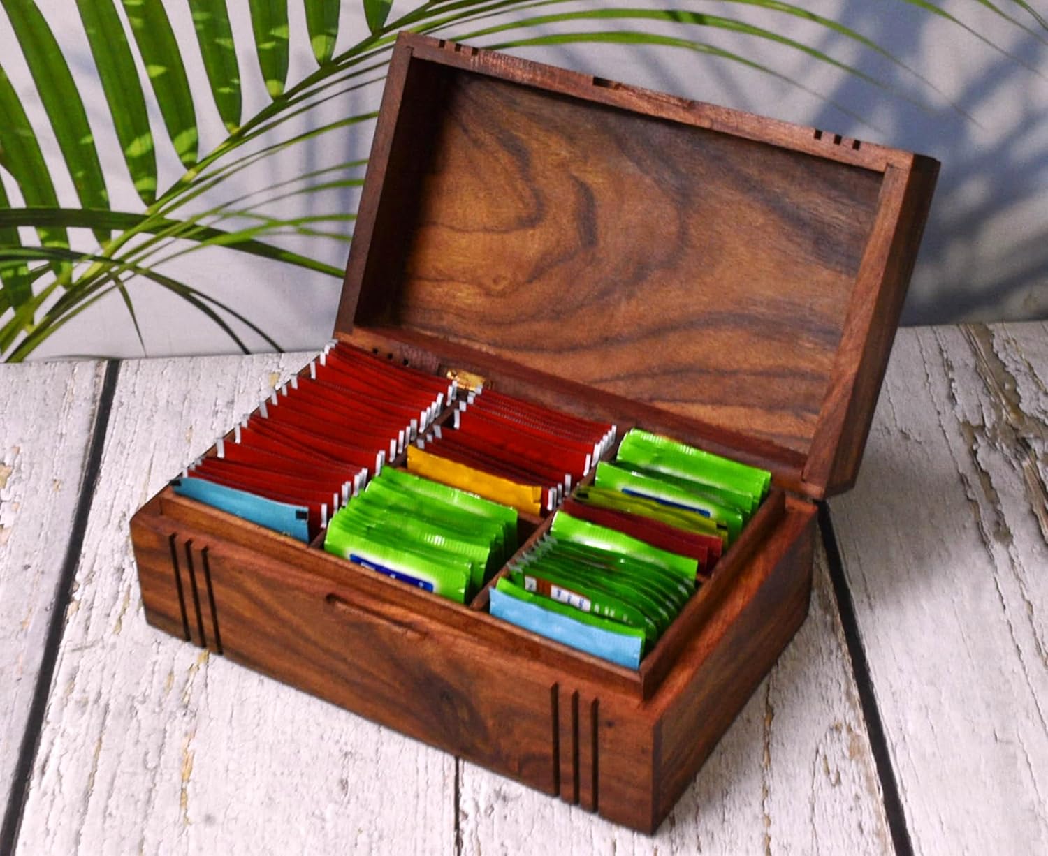 Wooden Tea Box - Tea Box for Tea Bags Organiser - Engraved Hardwood Tea Chest with 6 Compartments - Tea Storage Box Multi Functional - Wood Tea Box Organiser - 10 x6 inch (6 compartment box)